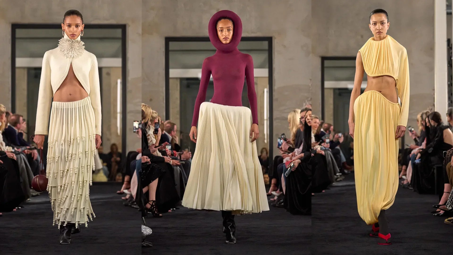 Alaïa runway looks featuring sculptural tops and flowing skirts at a fashion show.