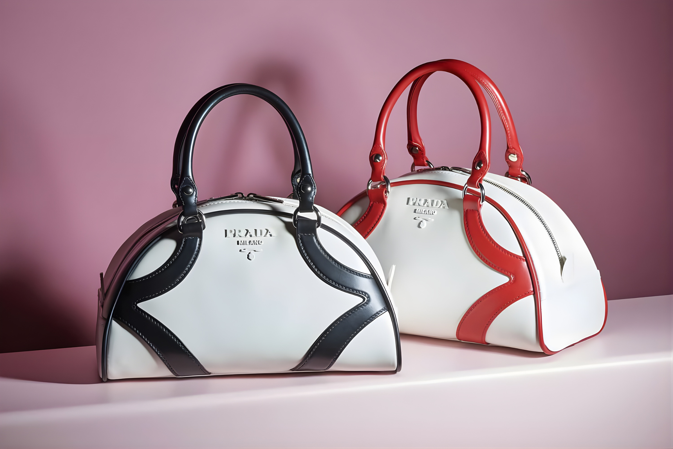 Prada bowling bag duo in black and red detailing on display.