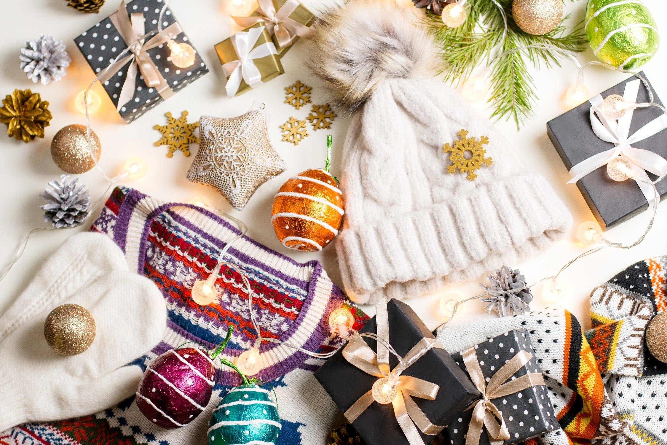 Holiday flat lay with cozy winter accessories and wrapped boxes, perfect as a luxury gift for her.