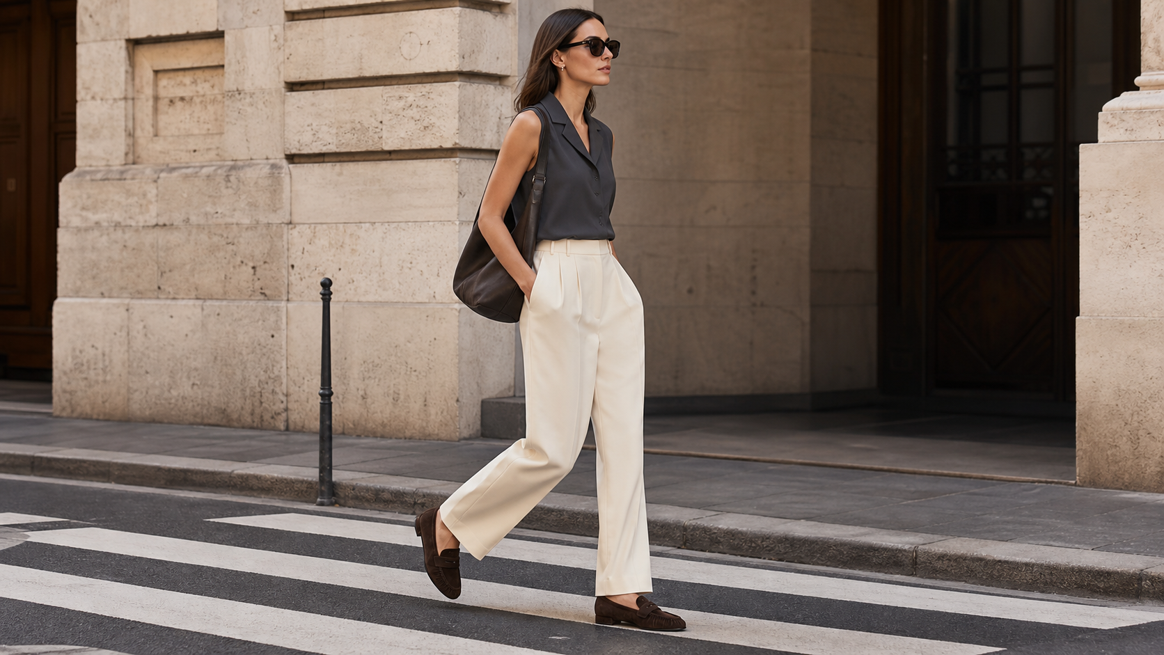 Woman walking in dark leather loafers with ivory tailored trousers