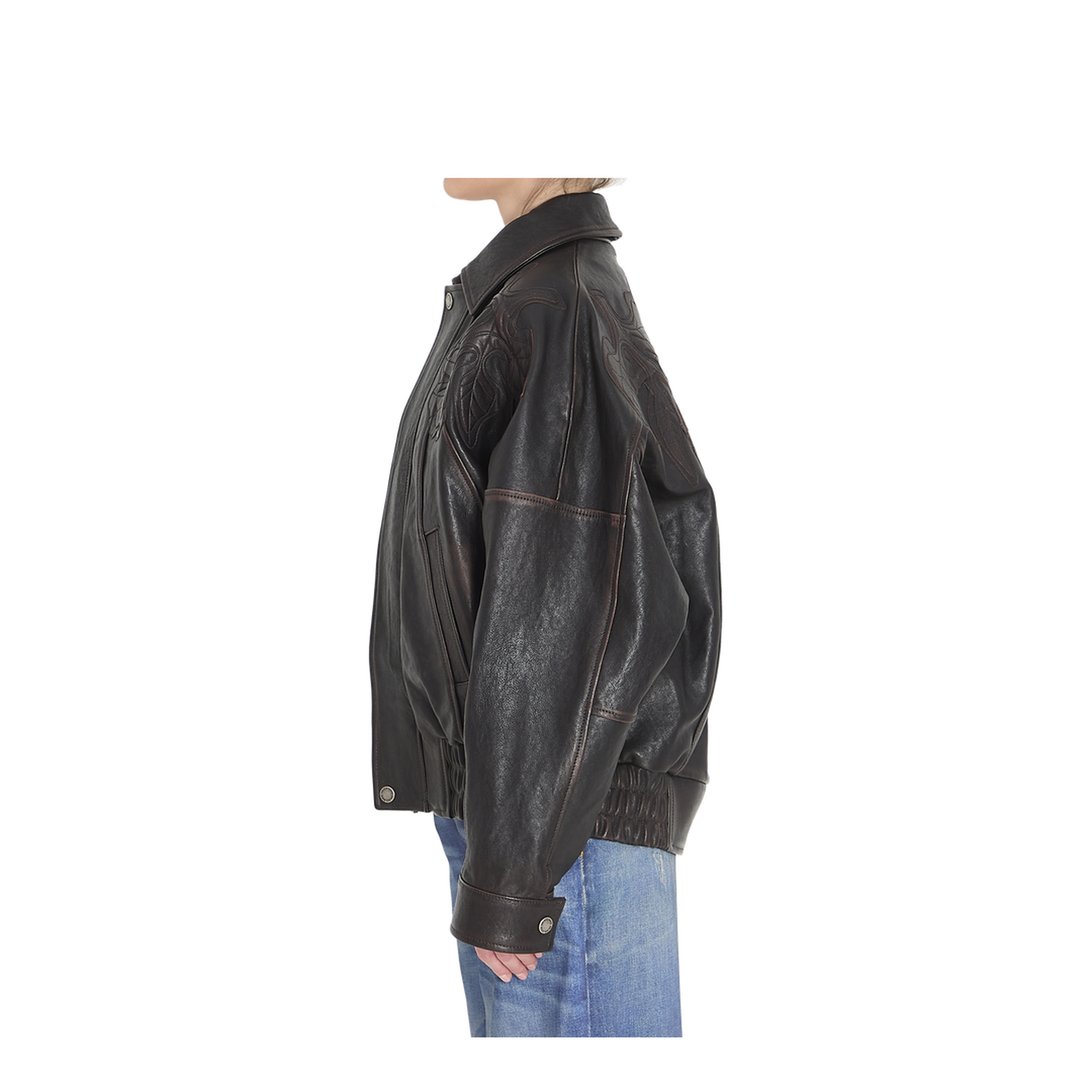 Leather Bomber Jacket with Floral Embroidery