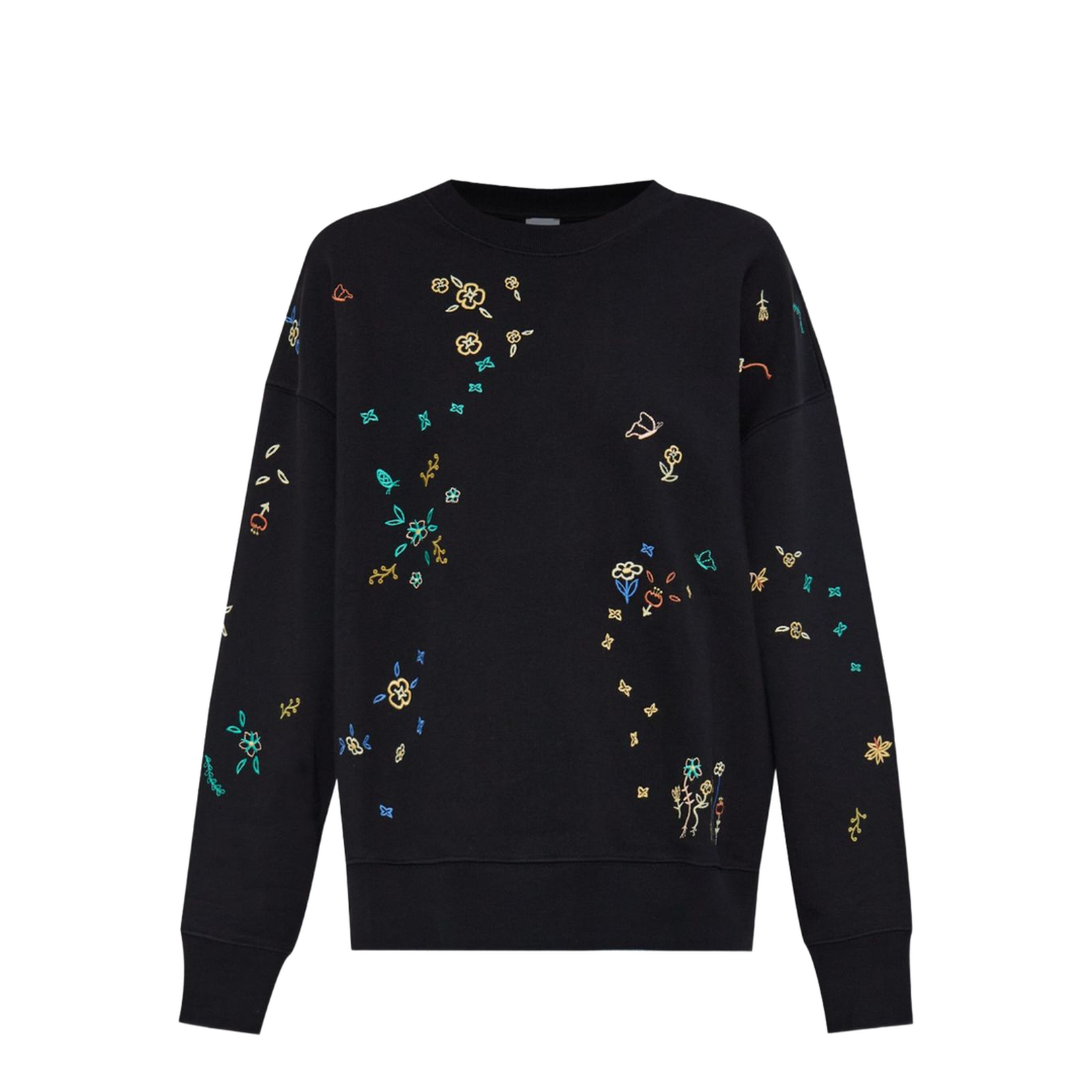 Black Multicoloured Floral Embroidery Crew Neck Long Sleeves Ribbed Cuffs and Hem Relaxed Fit