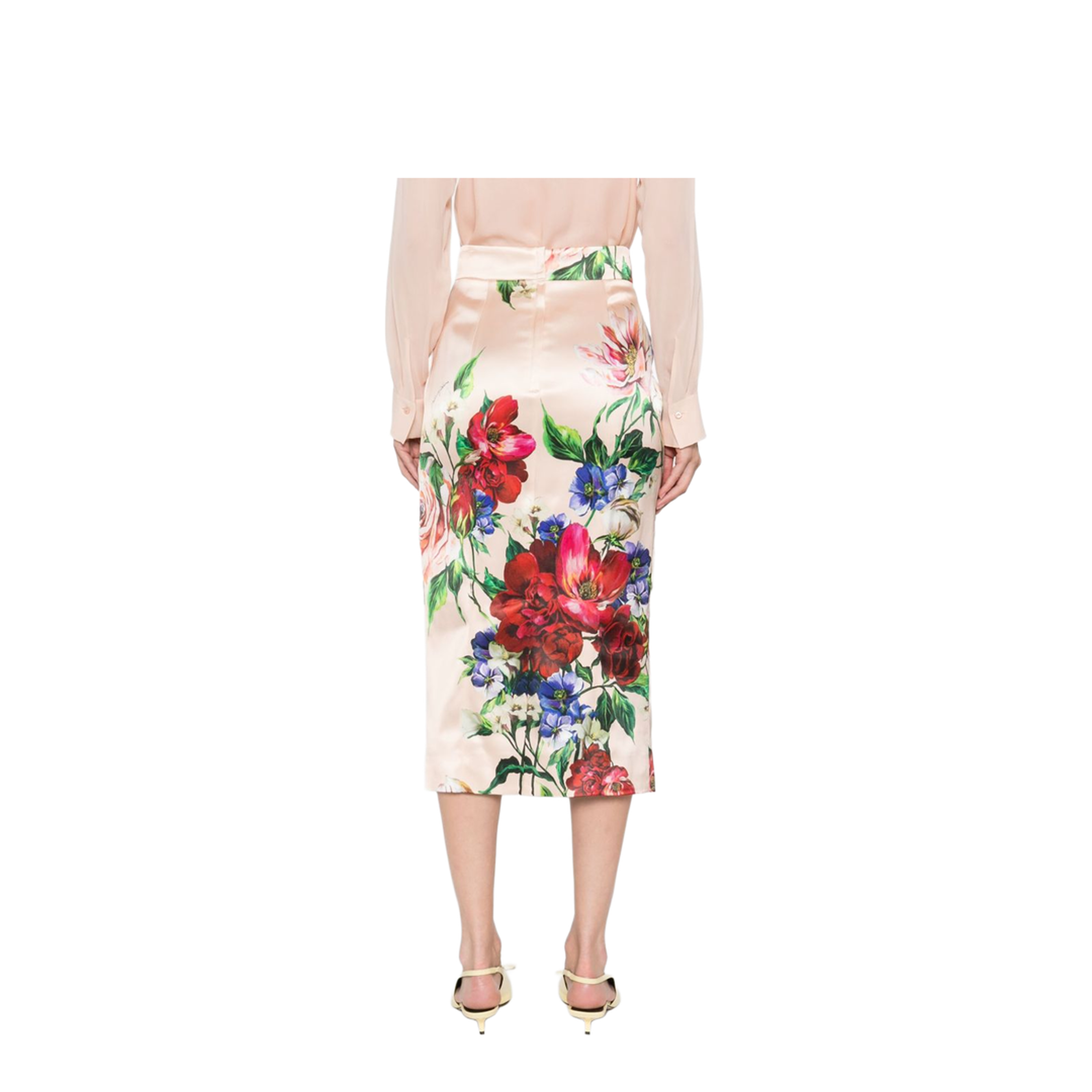 Flower Print Satin Midi Pencil Skirt