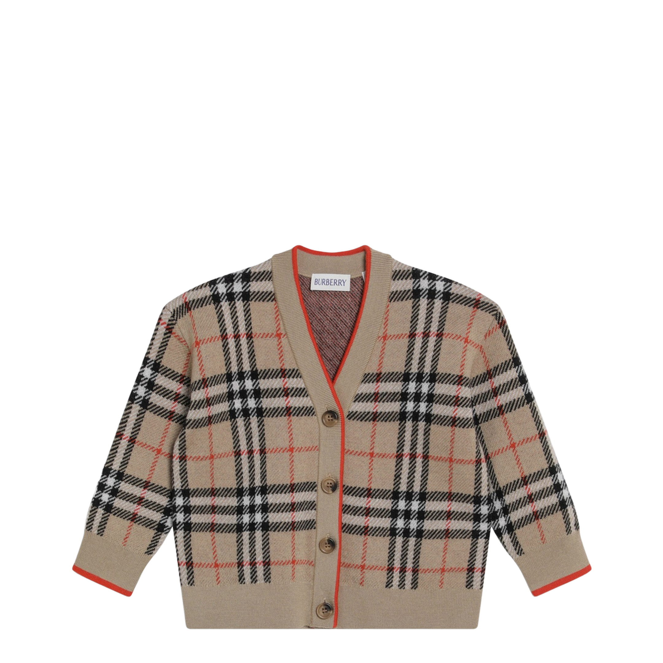Beige Wool Cardigan with Check Motif