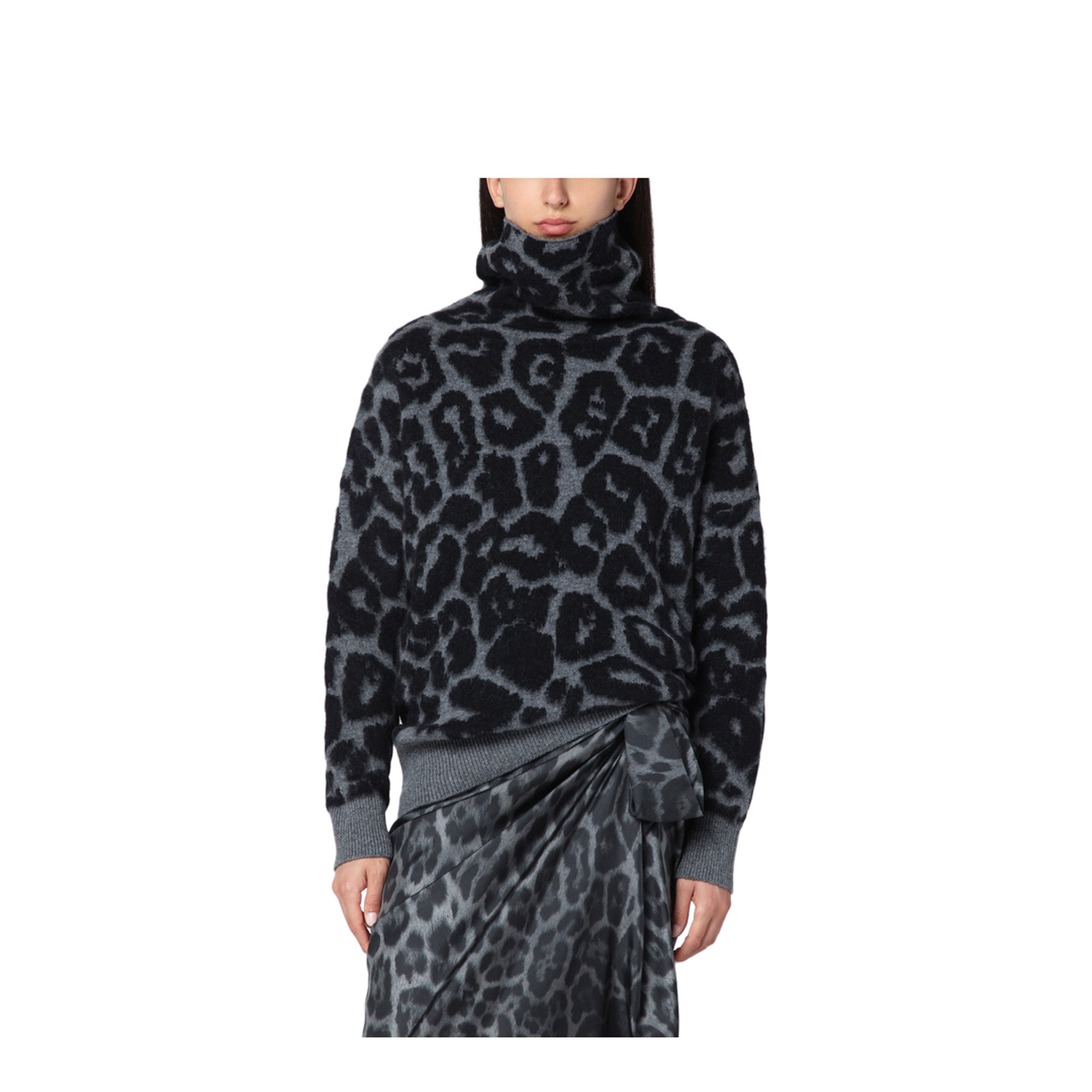 Black/Grey Leopard Jacquard Turtleneck Jumper
