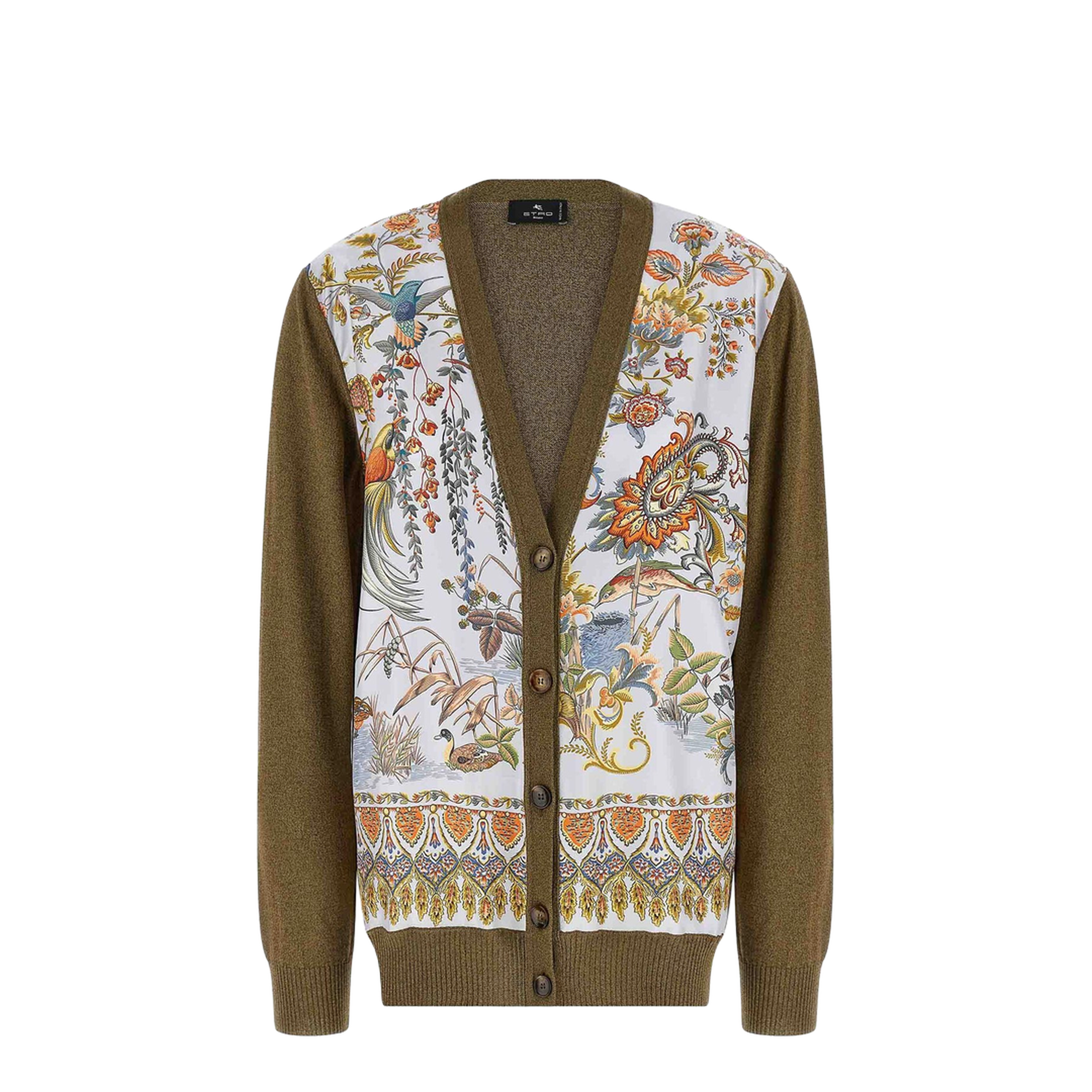 Paisley Printed Silk Insert Cardigan - Green
