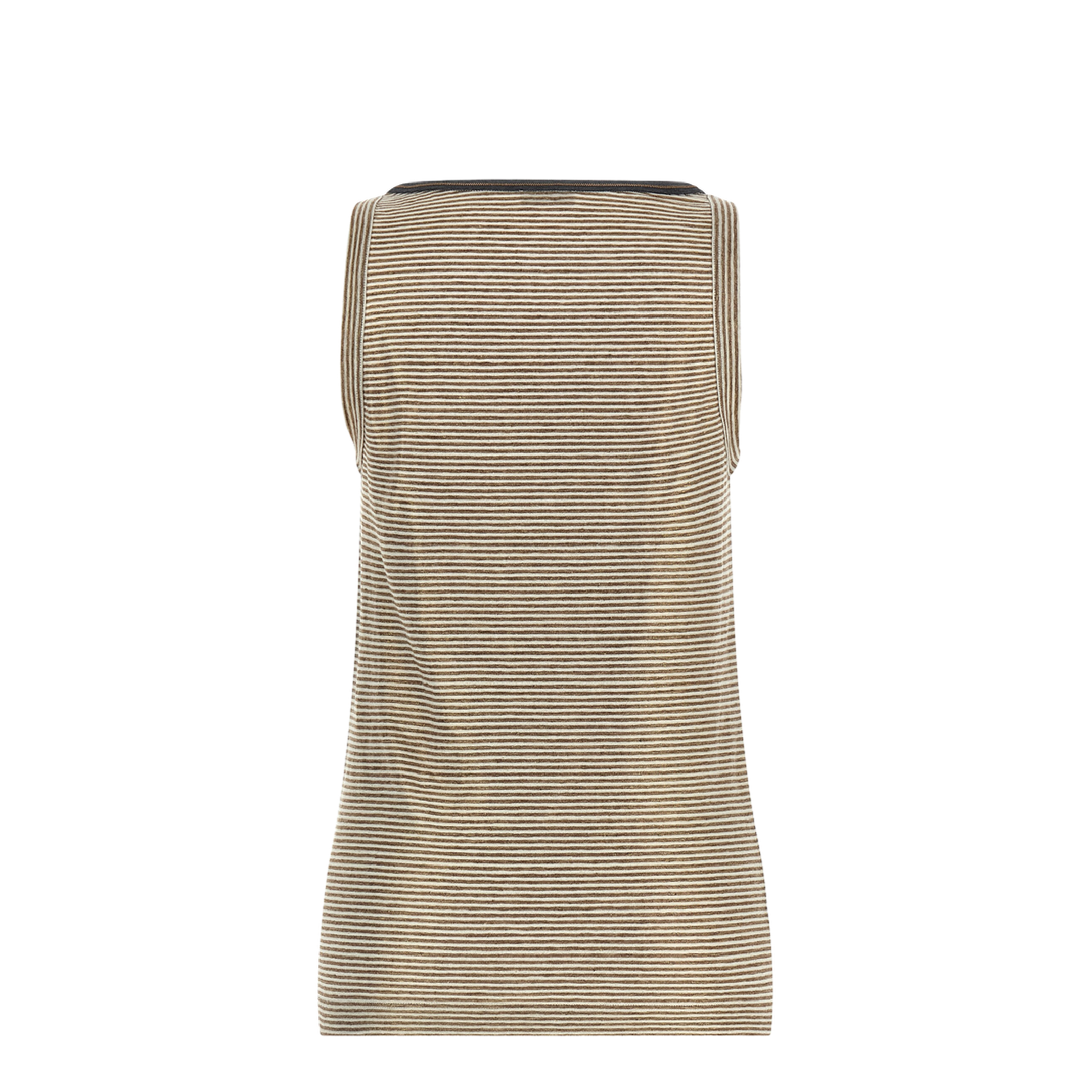 Linen Striped Crew Neck Top with Contrasting Trim and Necklace