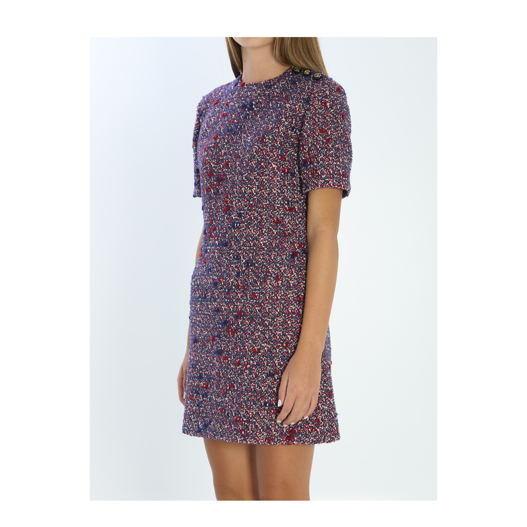 Wool Bouclé Dress in Red and Blue