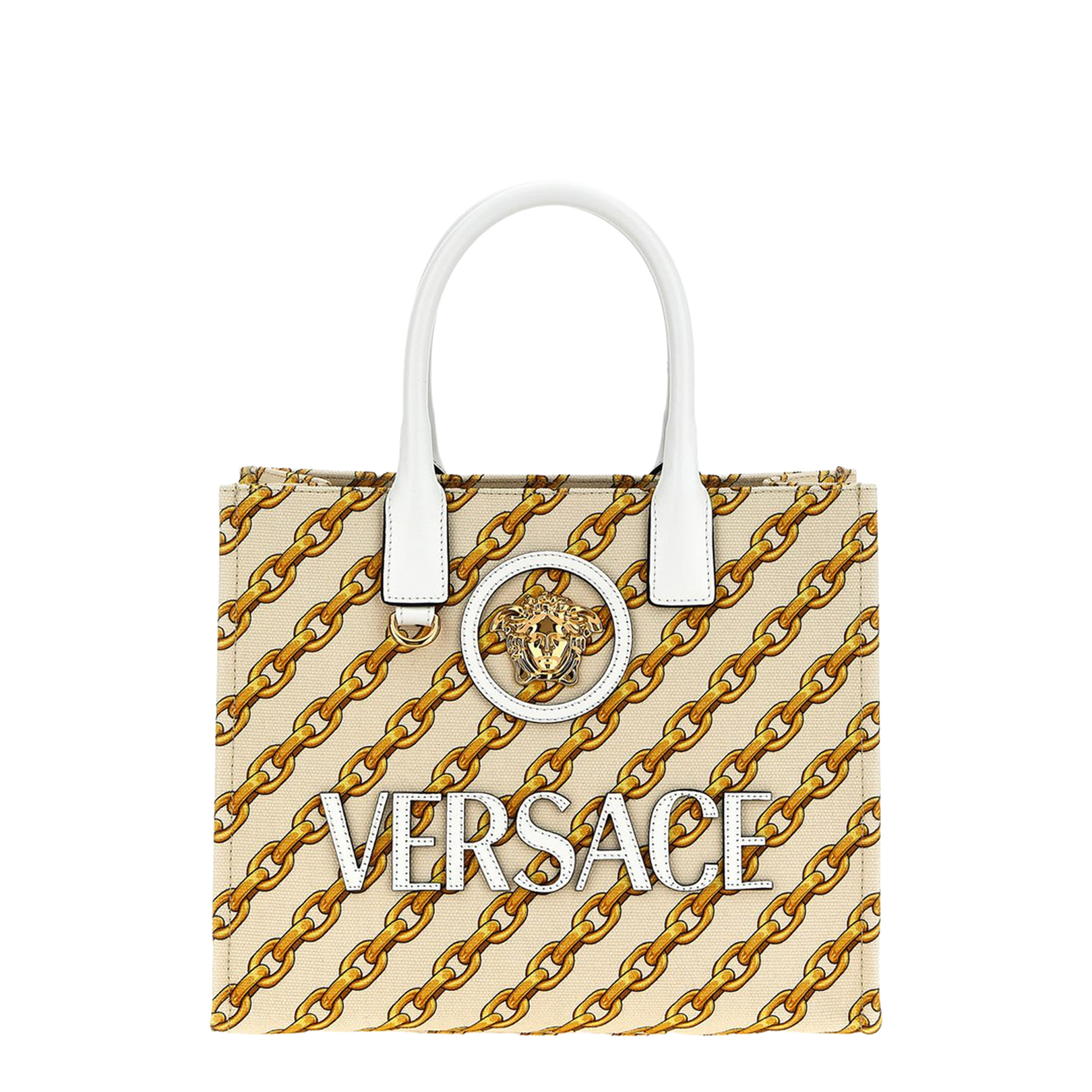 【関税込み】SMALL 'CHAIN STRIPES LA MEDUSA' SHOPPING BAG Chain Stripes La Medusa Small Tote Bag Print | VERSACE US
