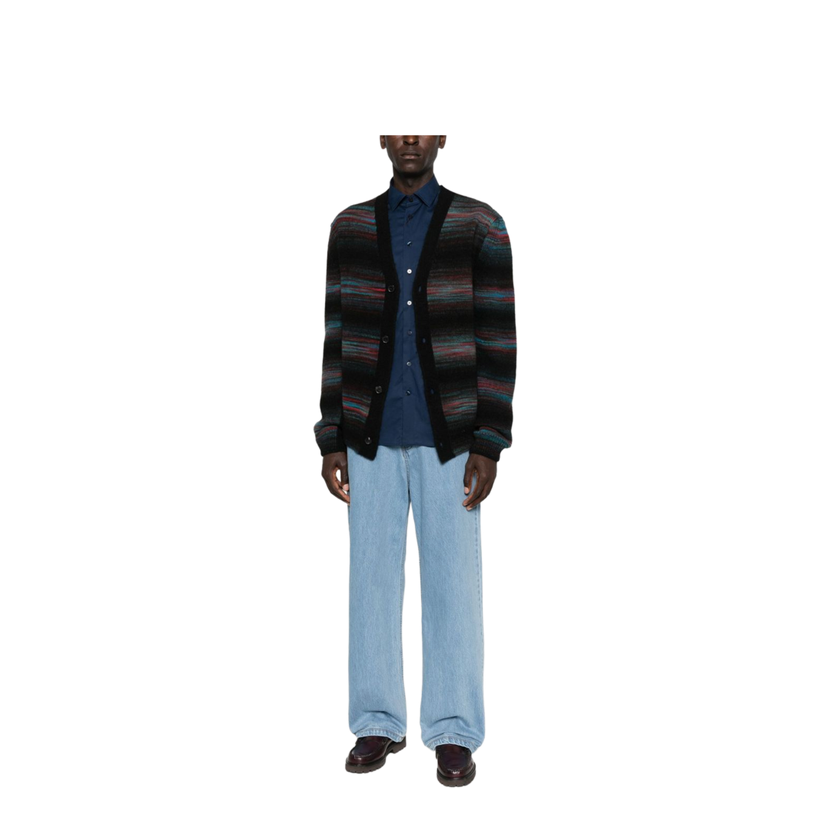 Black V-neck Sweater with Horizontal Stripes
