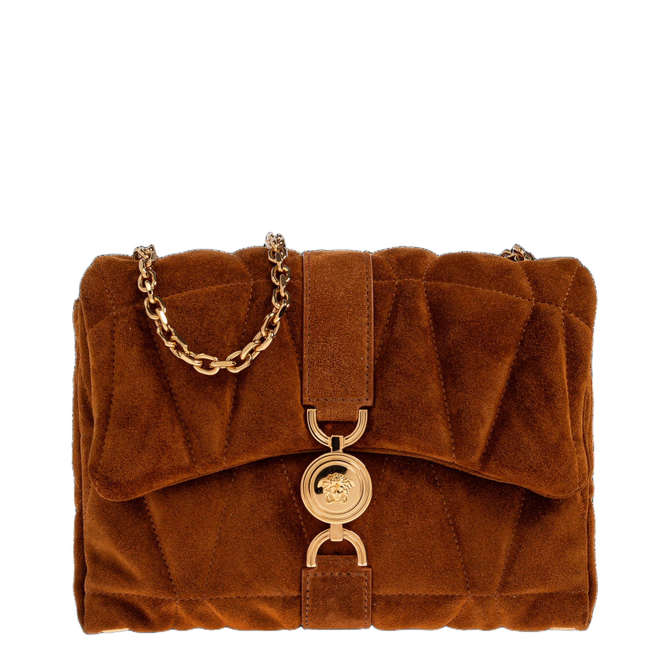 Quilted Chain Suede Shoulder Bag - Brown