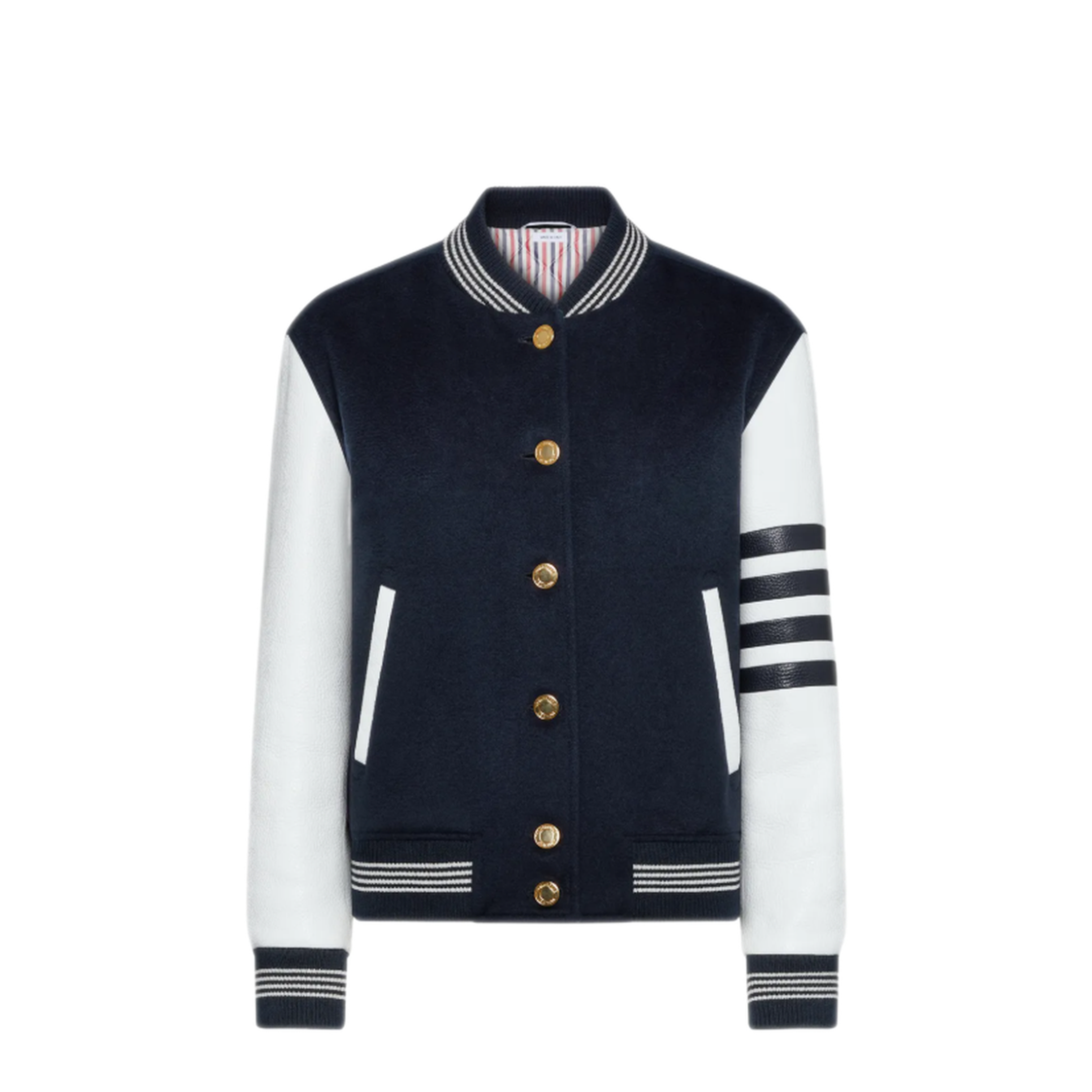 MAYFEYR - Thom Browne - Relaxed Fit Varsity Jacket With Leather Sleeves And Applique Zig Zag Stitch - FBD071EF1027415
