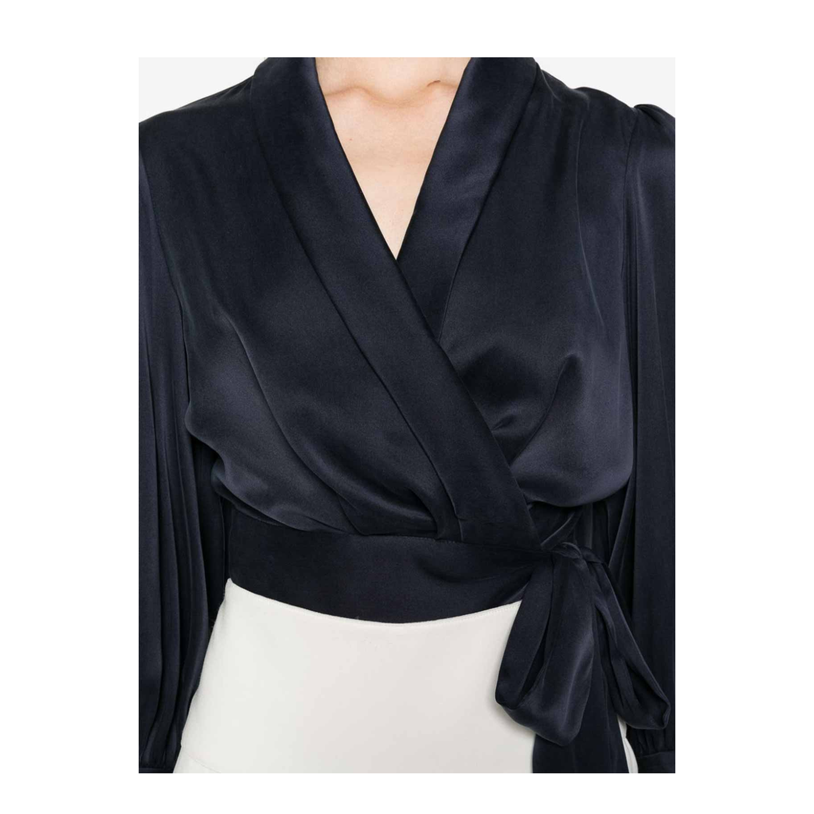 Silk Wrap Top With Long Balloon Sleeves