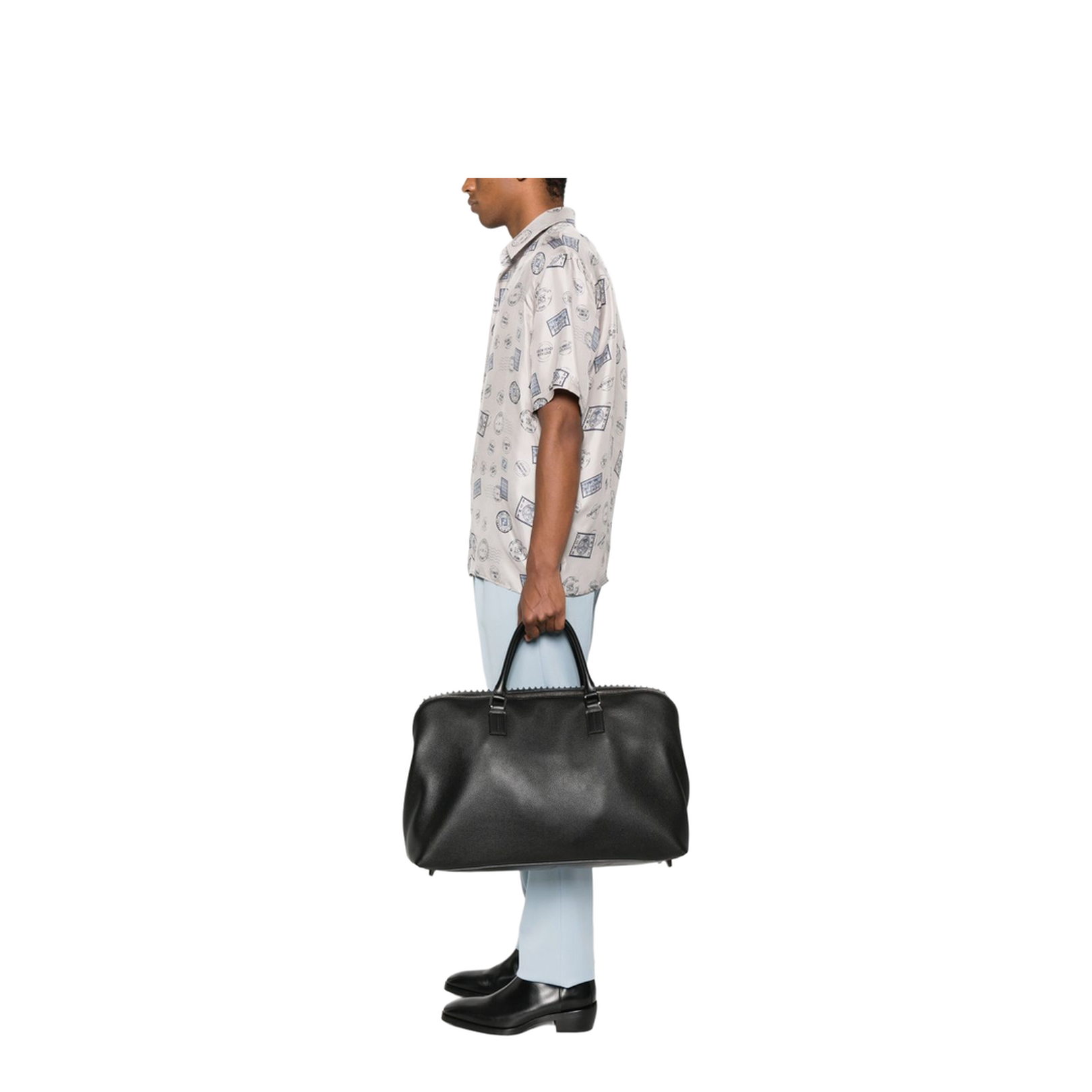 Black Calf Leather Two Top Handles Bag