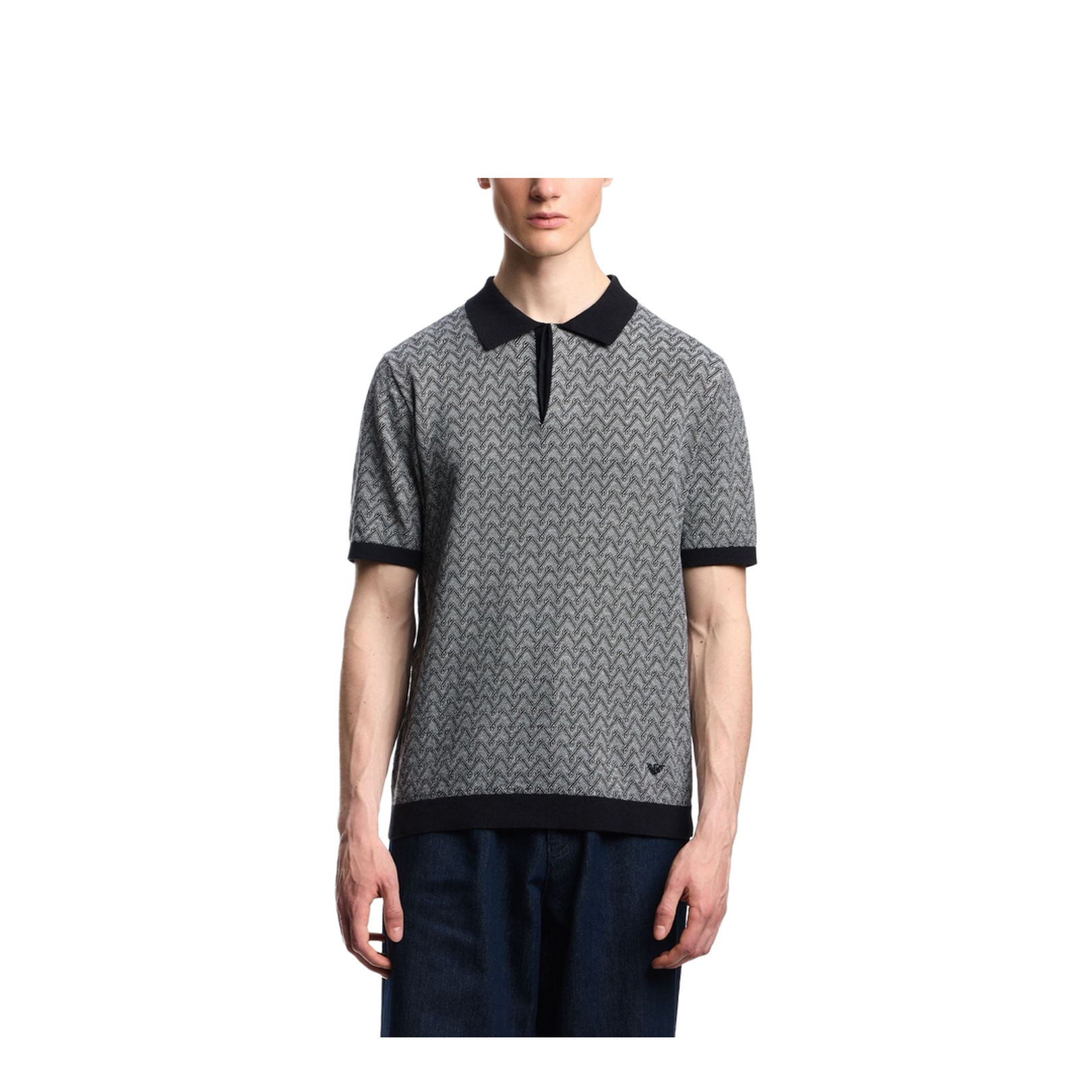 Polo-Collar Jumper in Chevron-Motif Jacquard