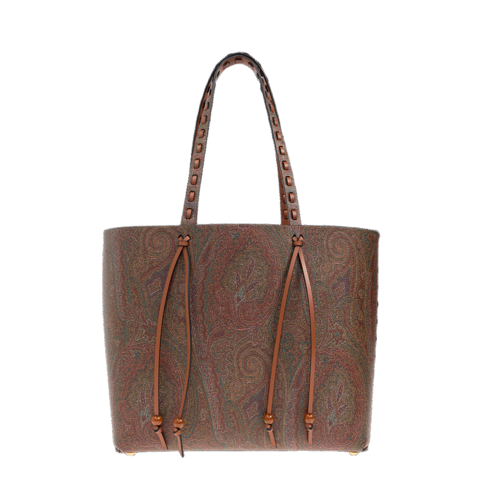 Brown Calf Leather Paisley-Print Shopping Bag