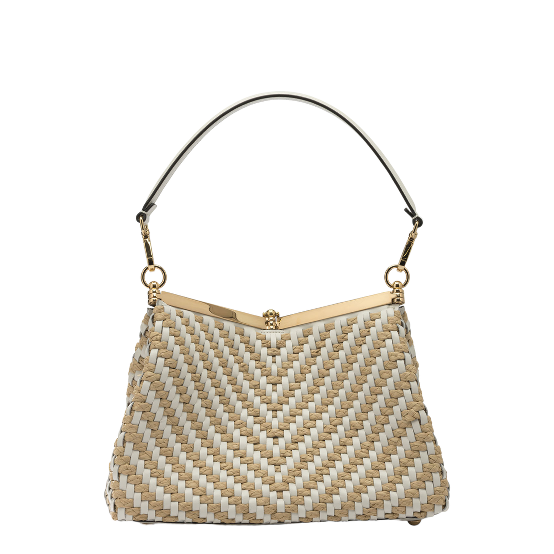 Vela Medium Woven Leather and Raffia Shoulder Bag - White
