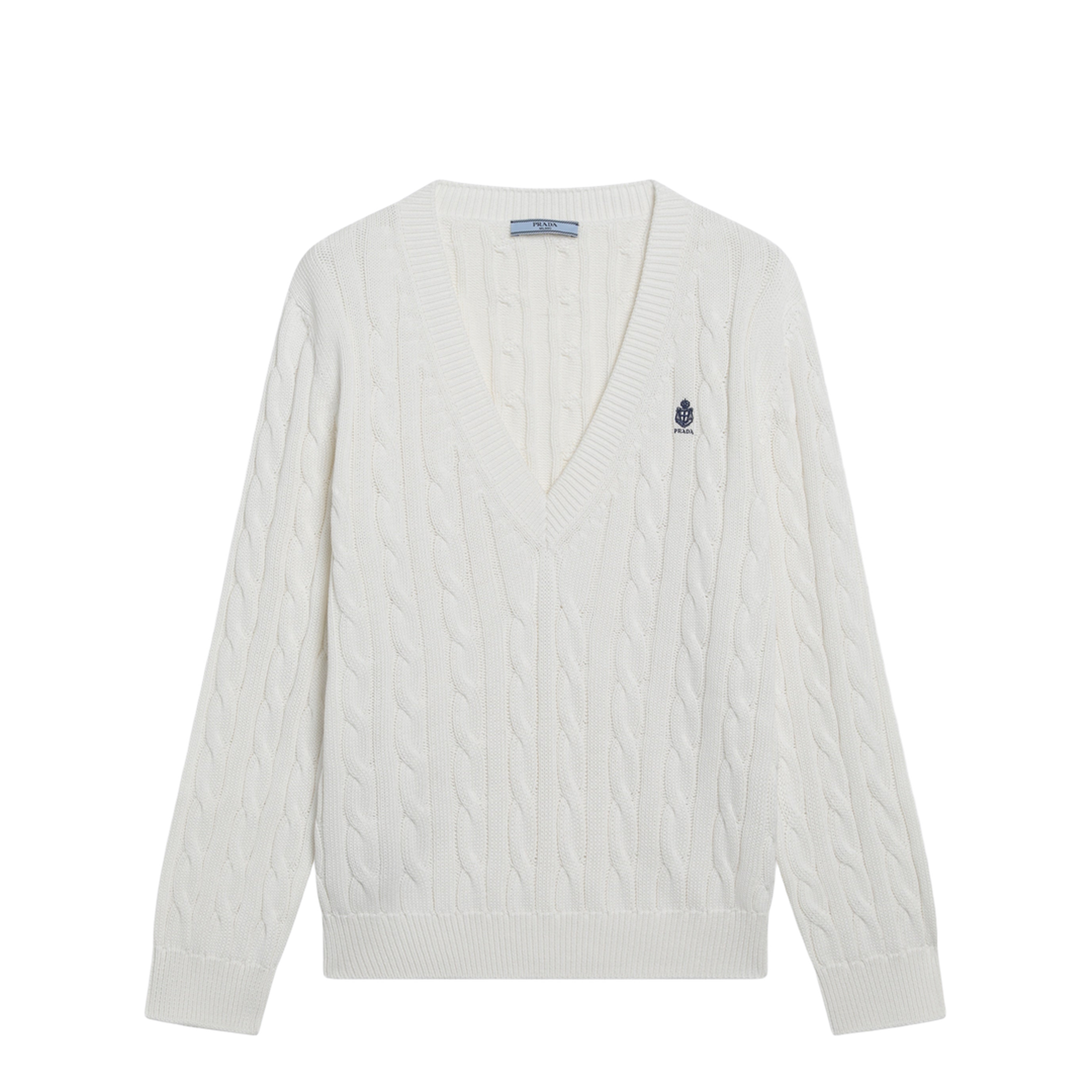MAYFEYR - Prada - White Cable-Knit V-Neck Jumper - P24D3MOOO19VLF0009