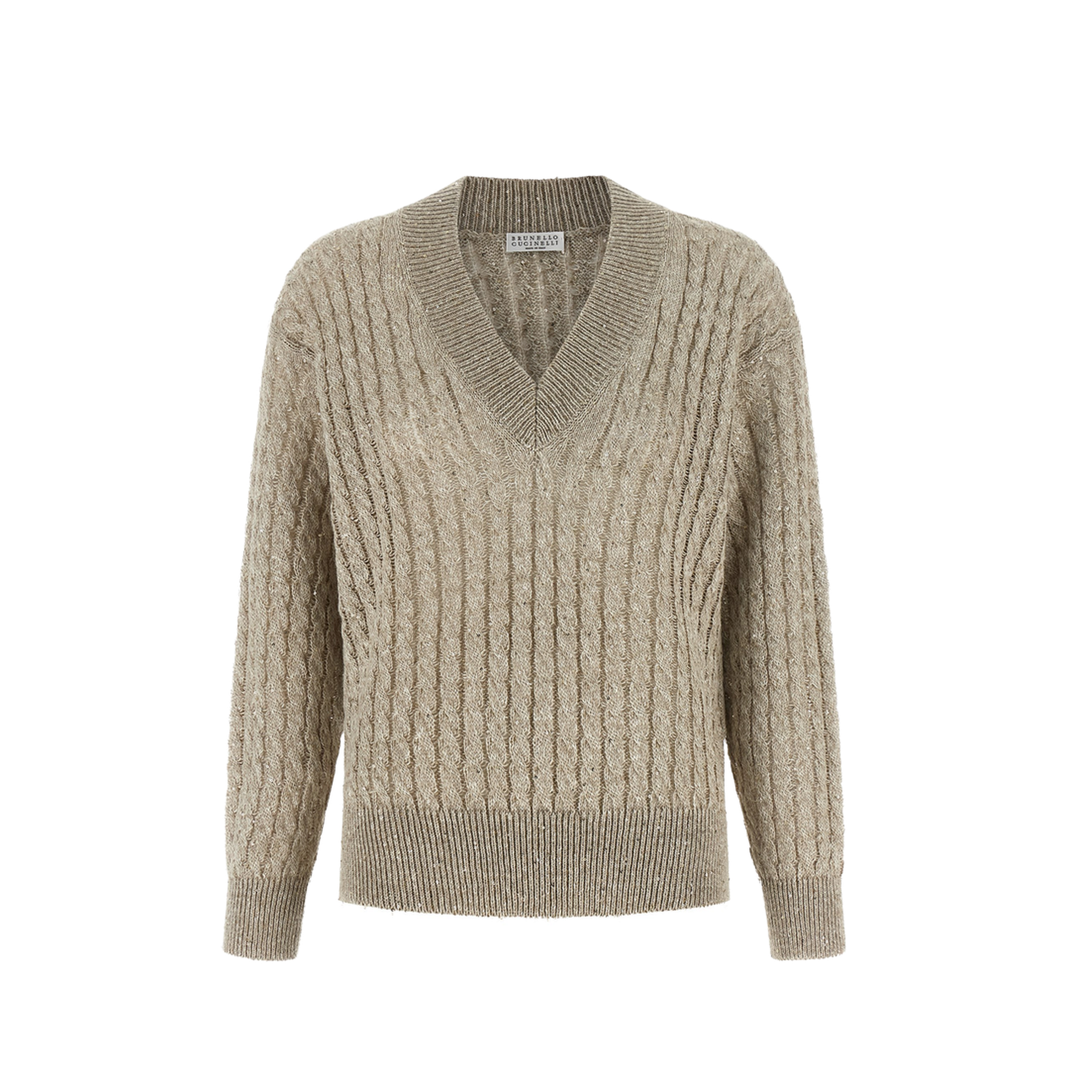 Beige Cotton Sweater with Sequins V-Neck