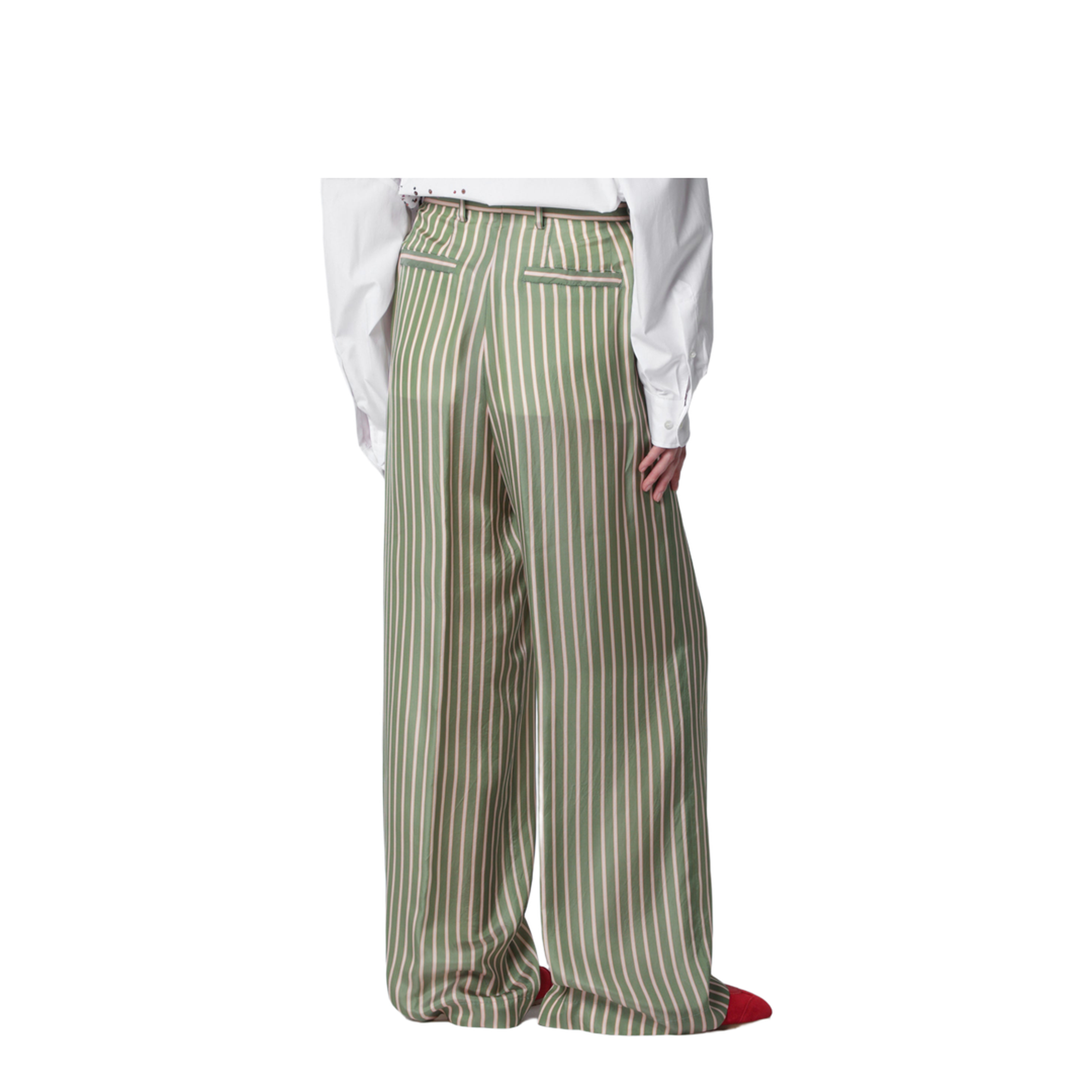 Wide-leg green striped trousers