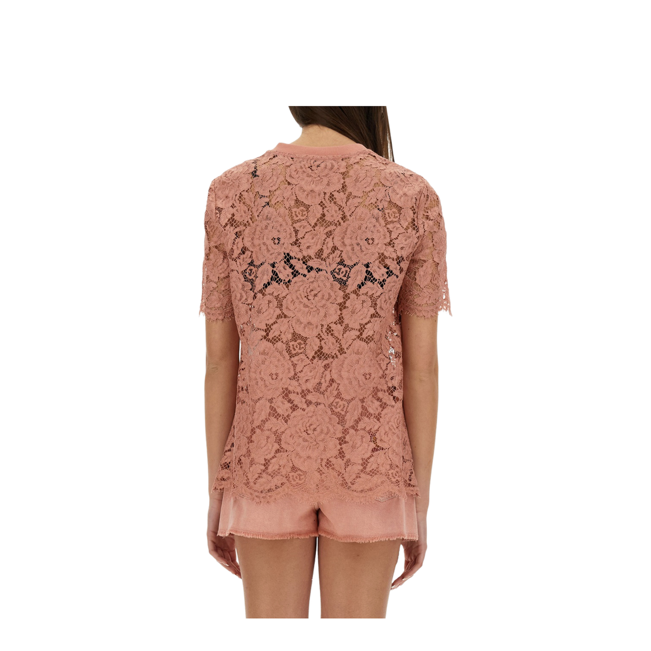 Short-sleeved Cordonetto Lace T-shirt in Pink