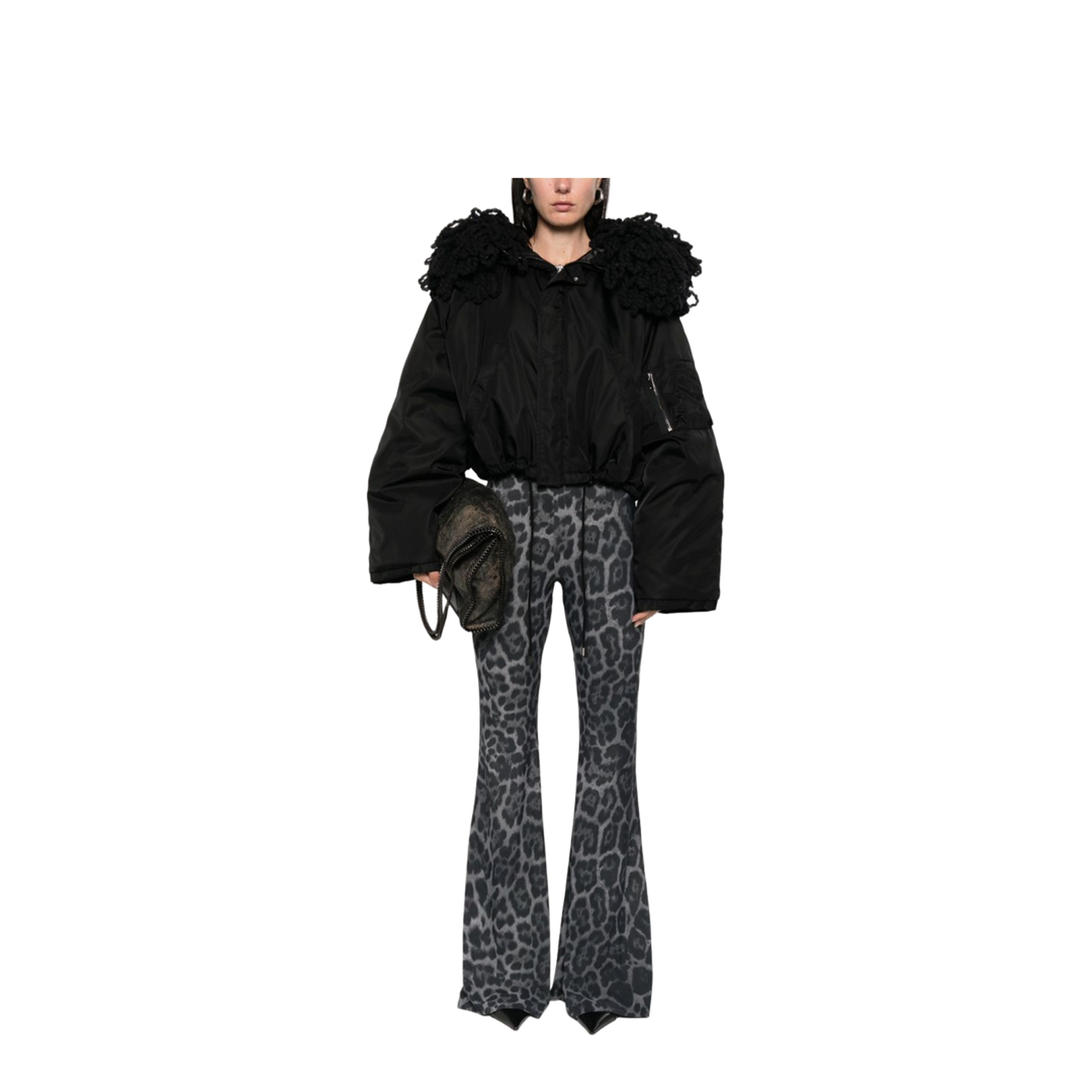 Ash Grey Leopard-Print Mid-Rise Flared Trousers