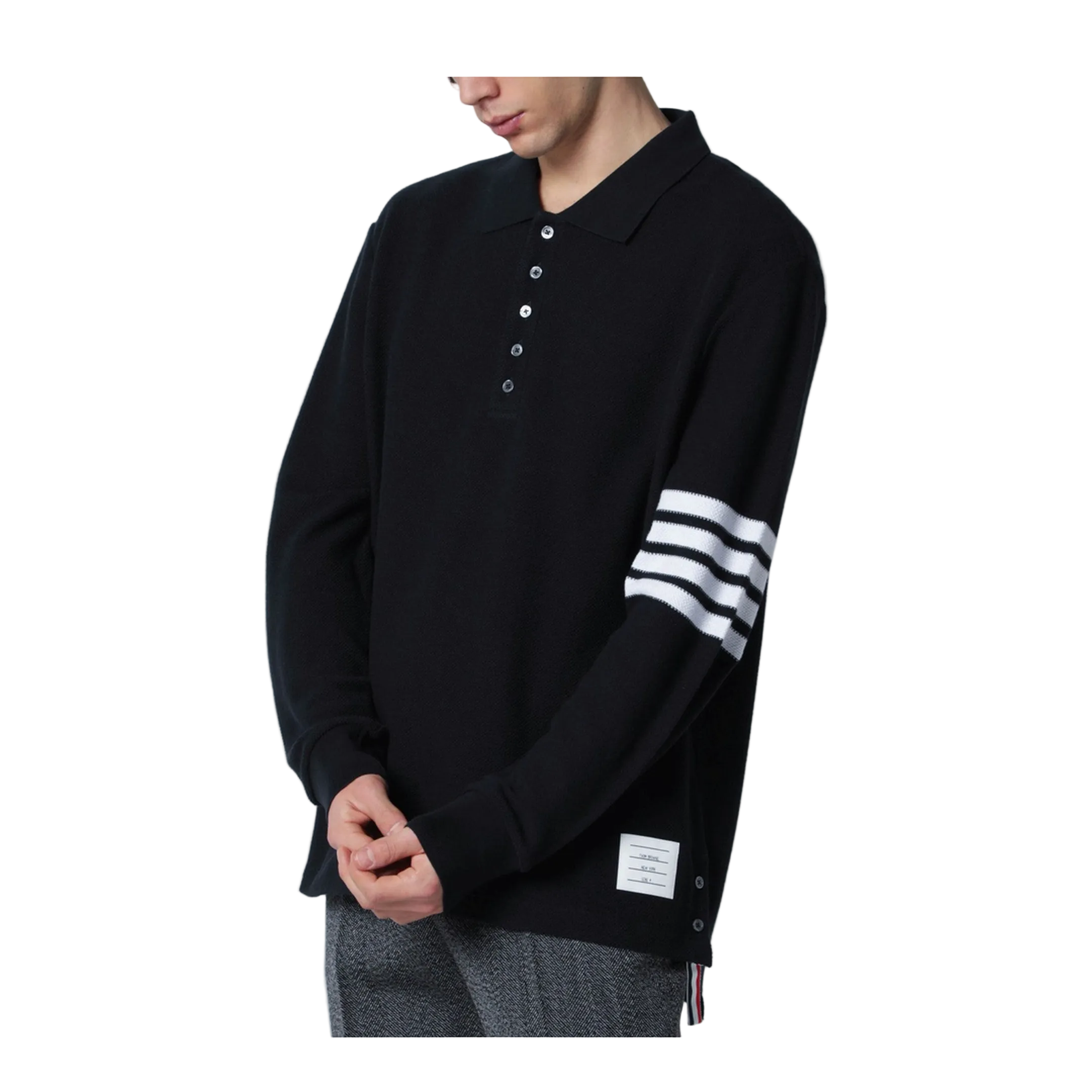 Long Sleeve Polo in Textured Pique w/ Eng 4 Bar