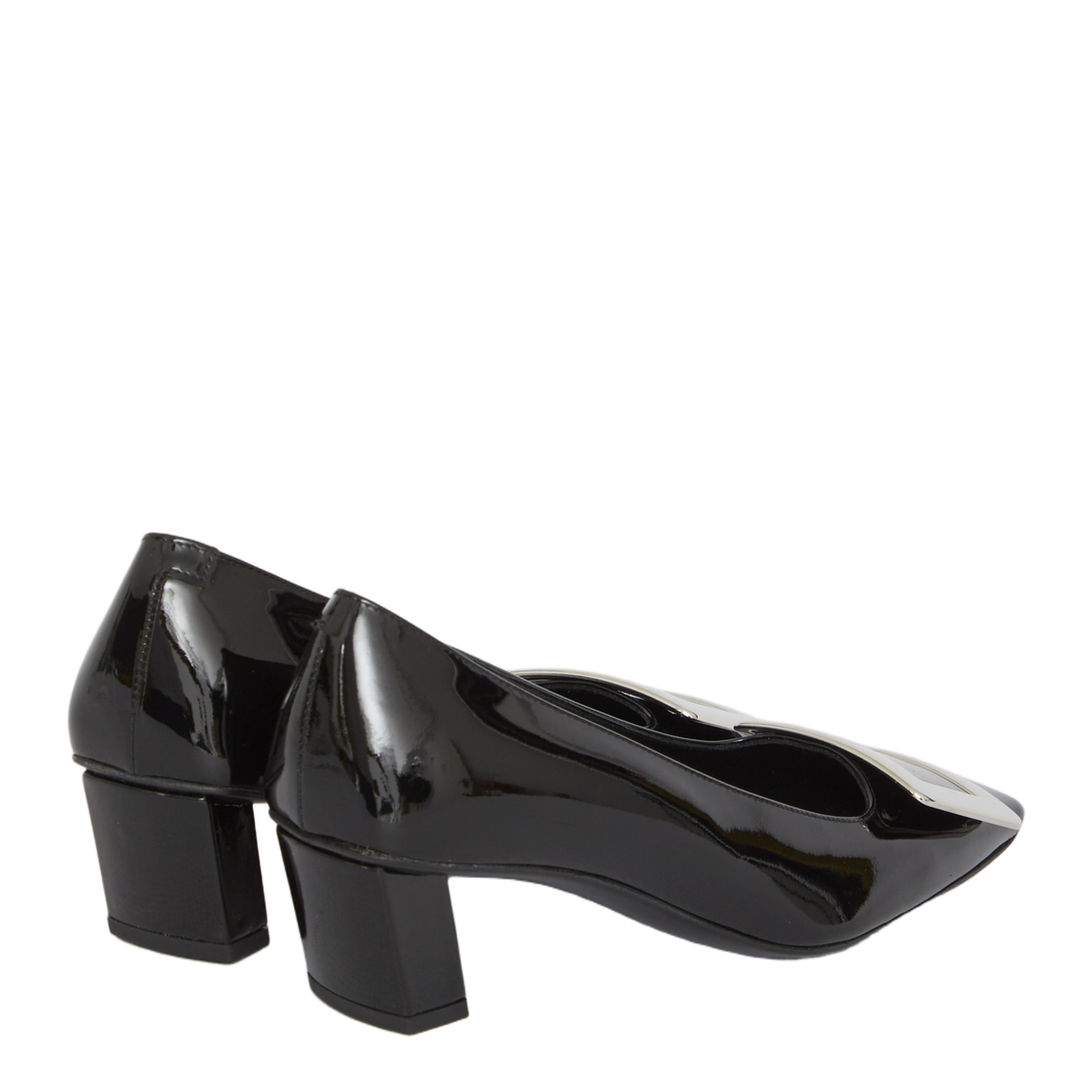black calfskin pumps with buckle and wide heel