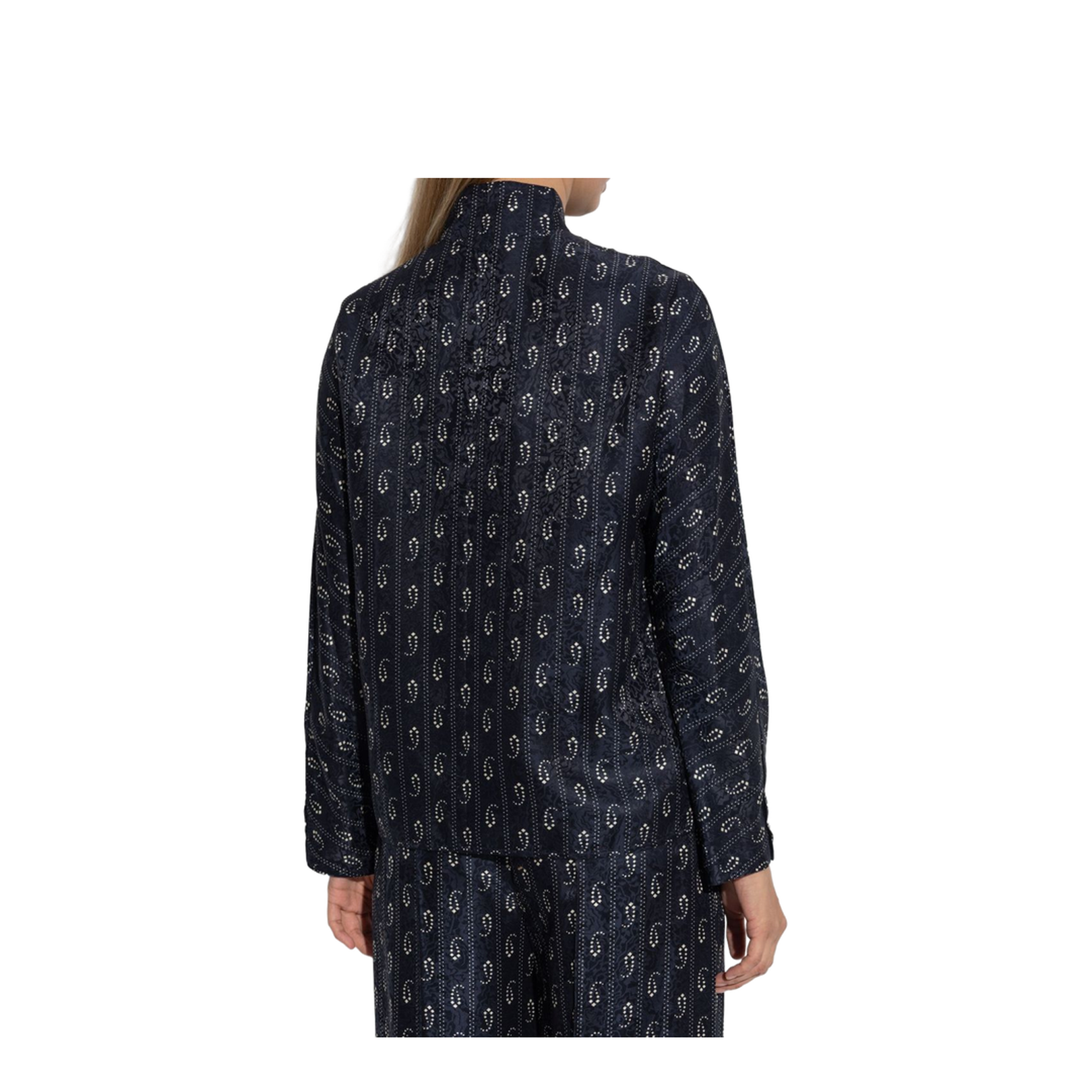 Navy Blue Paisley Print Button Fastening Mandarin Collar Long Sleeves
