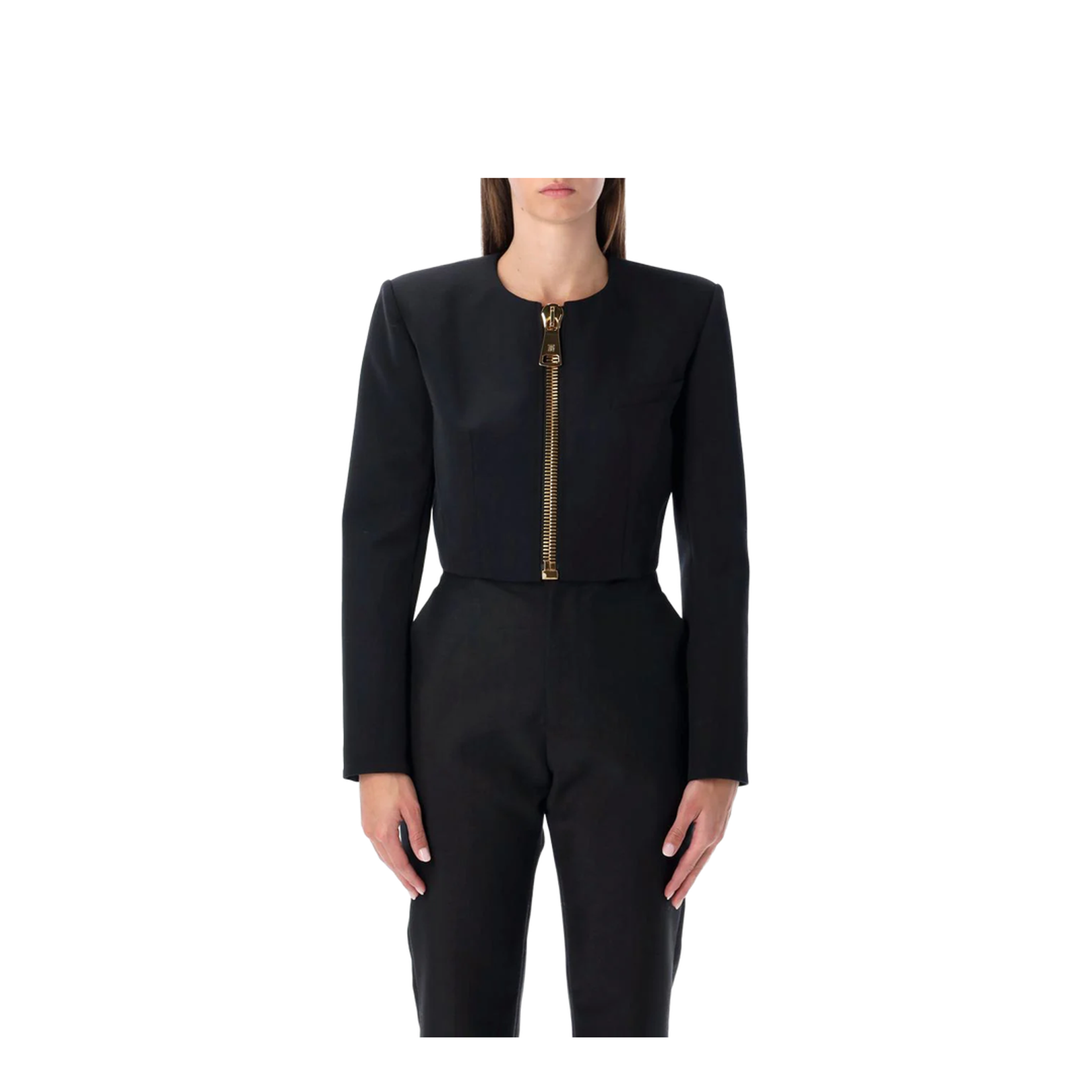 Cropped Black Wool Jacket With Gold Zip