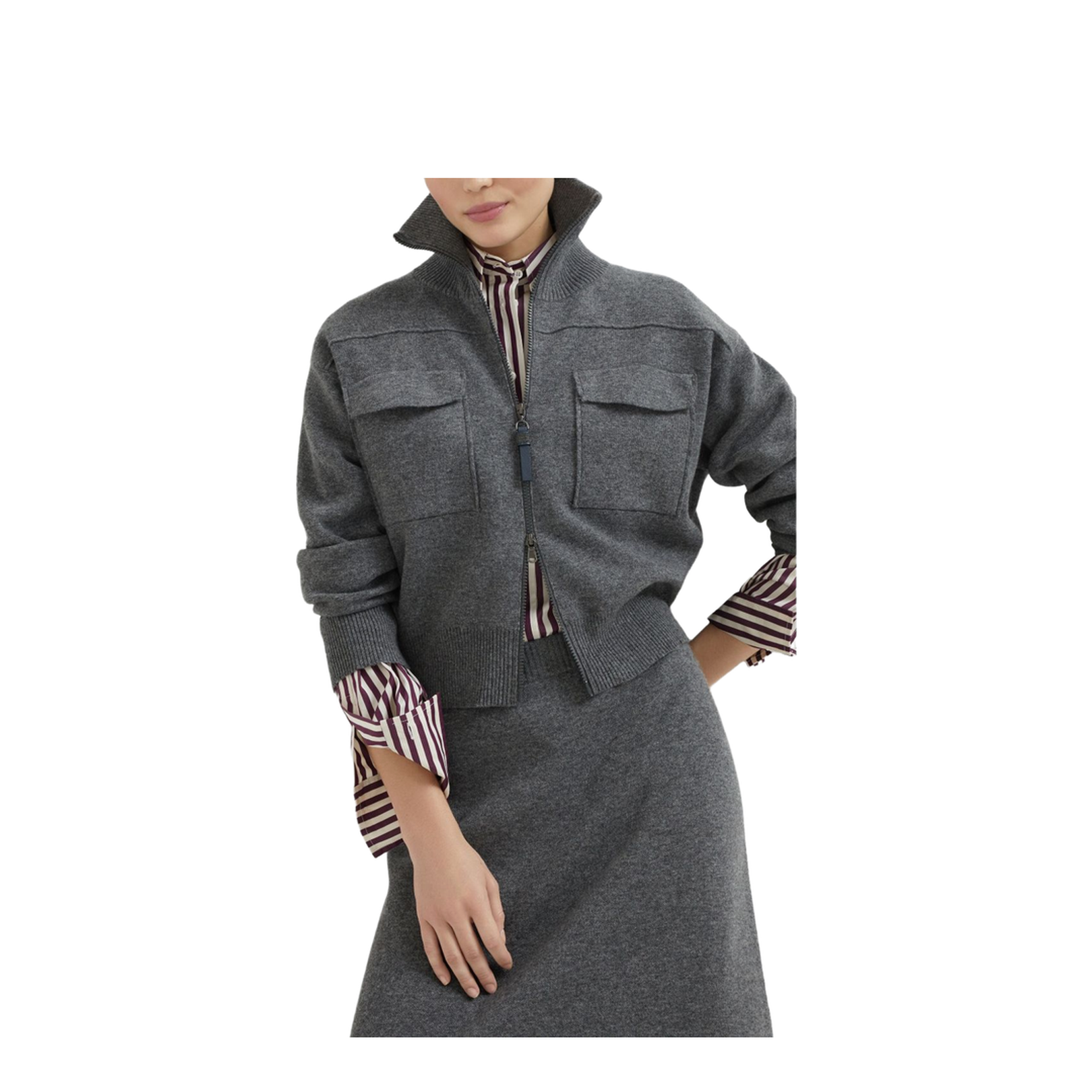 Crop Wool Cardigan High Neck Zip Closure with Shiny Zipper Pull
