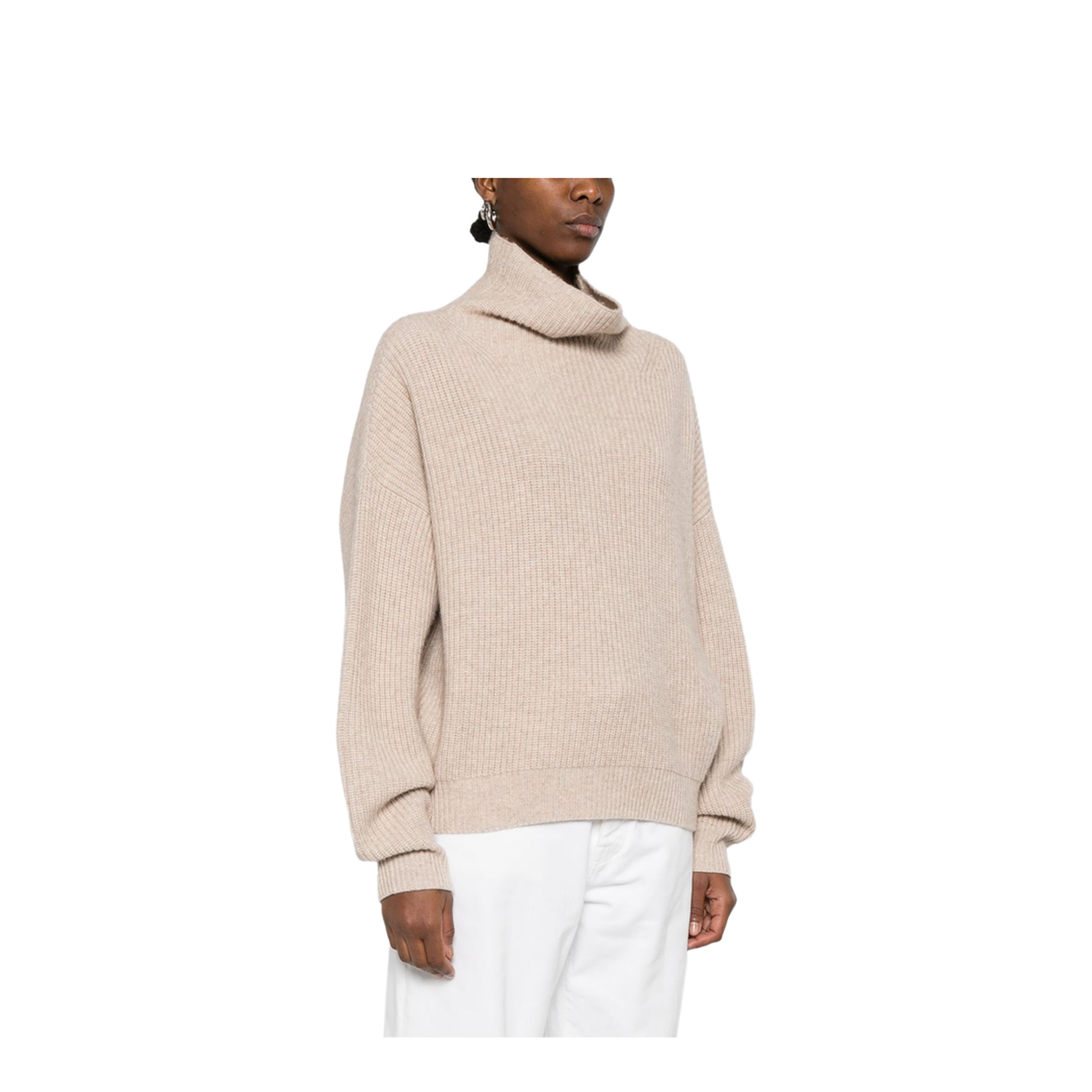 Ecru Drop Shoulder Roll Neck Long Sleeves Ribbed Cuffs and Hem
