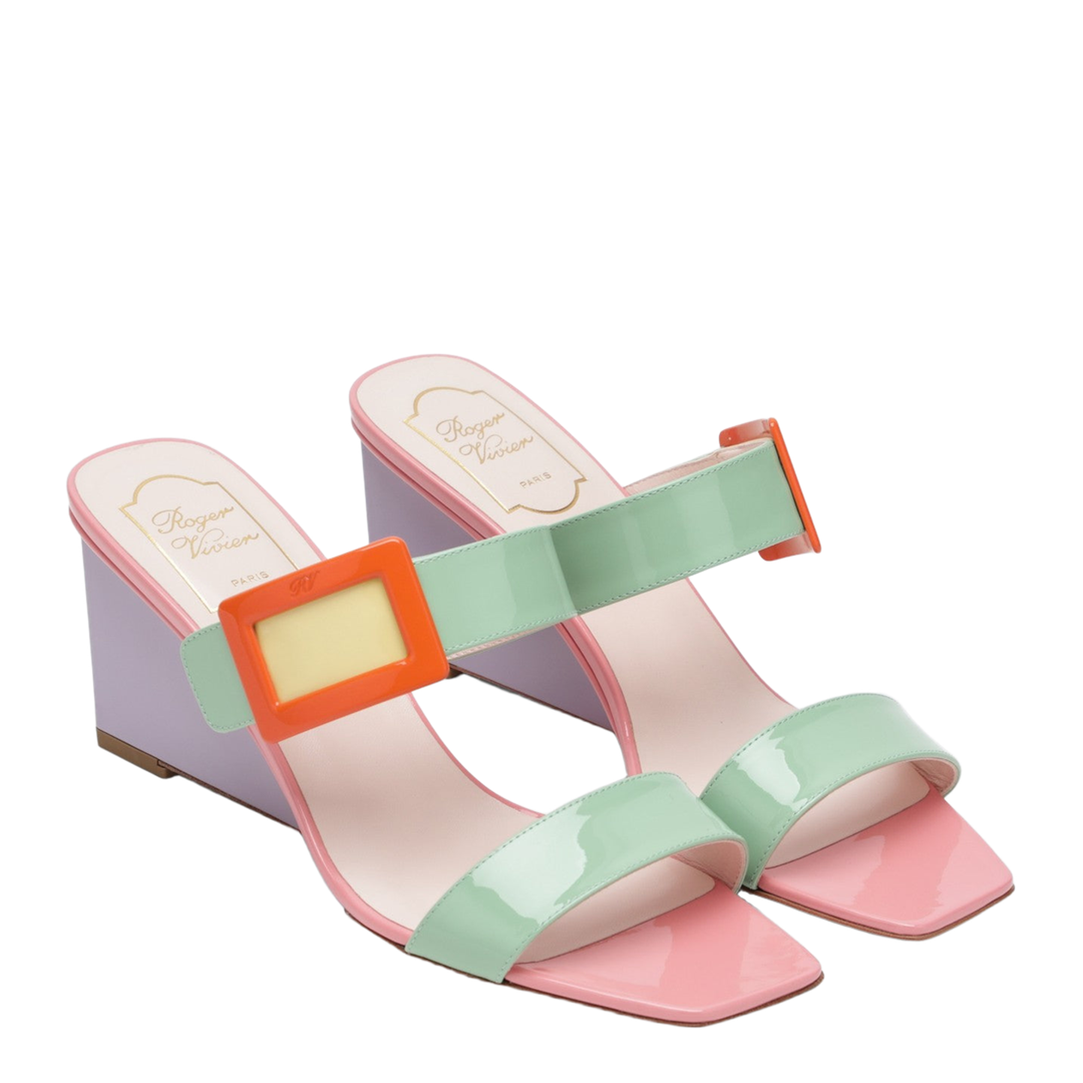 Belle Vivier wedge mules in green/purple patent leather