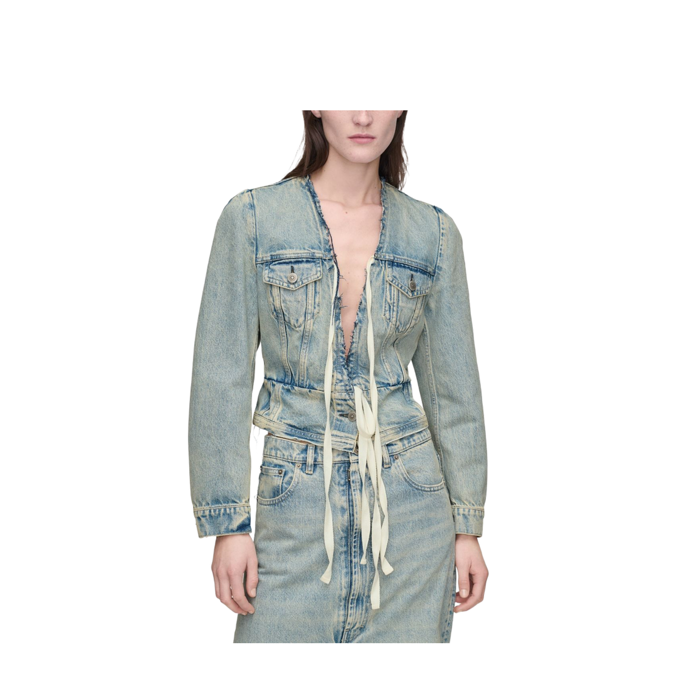 Light Blue Cotton Denim Jacket With V-Neck