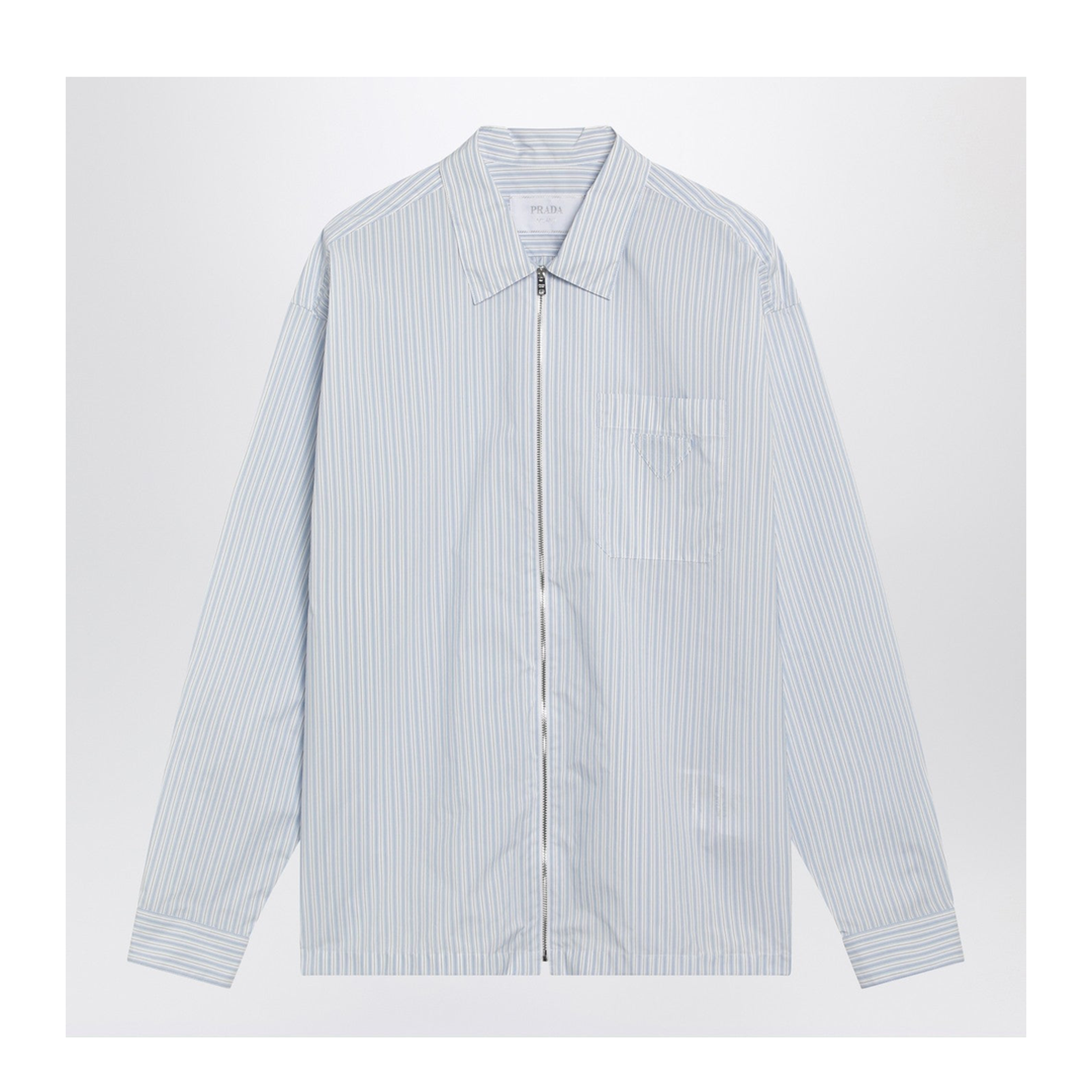 White and light blue striped zip-up shirt