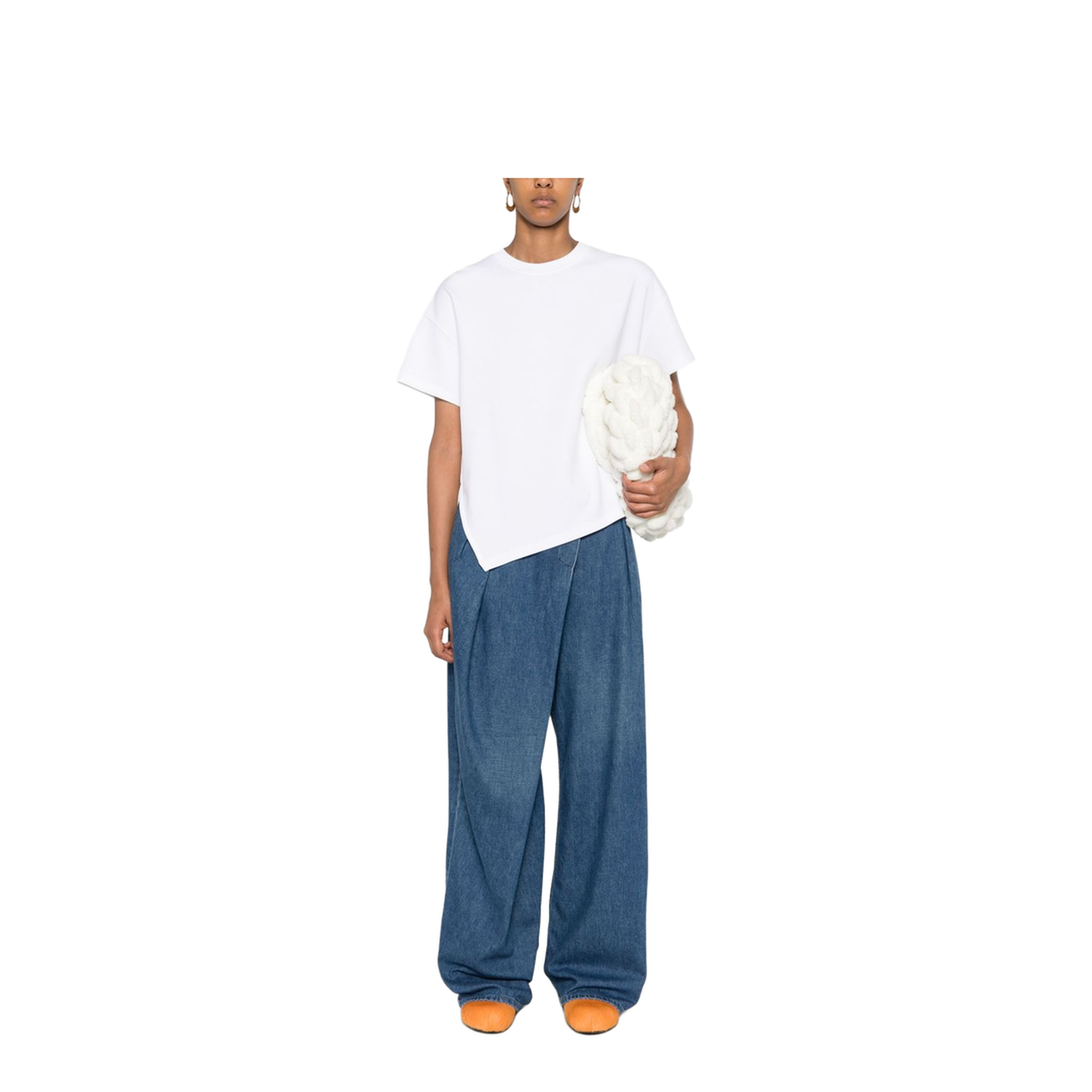 White Cotton Jersey Texture Crew Neck Signature Embroidered Anagram Motif Drop Shoulder Short Sleeves Straight Hem