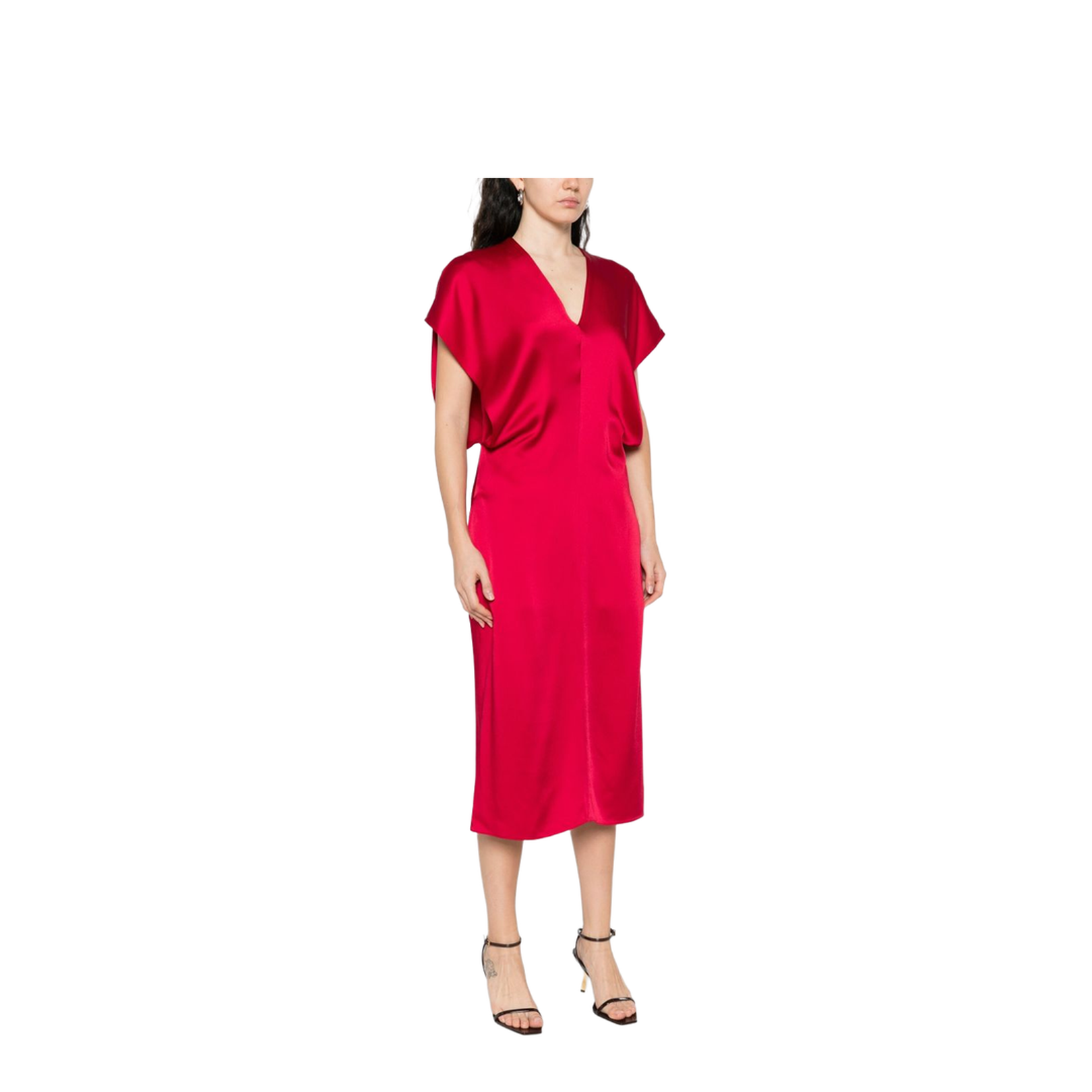 Satin V-necked Midi Dress - Red