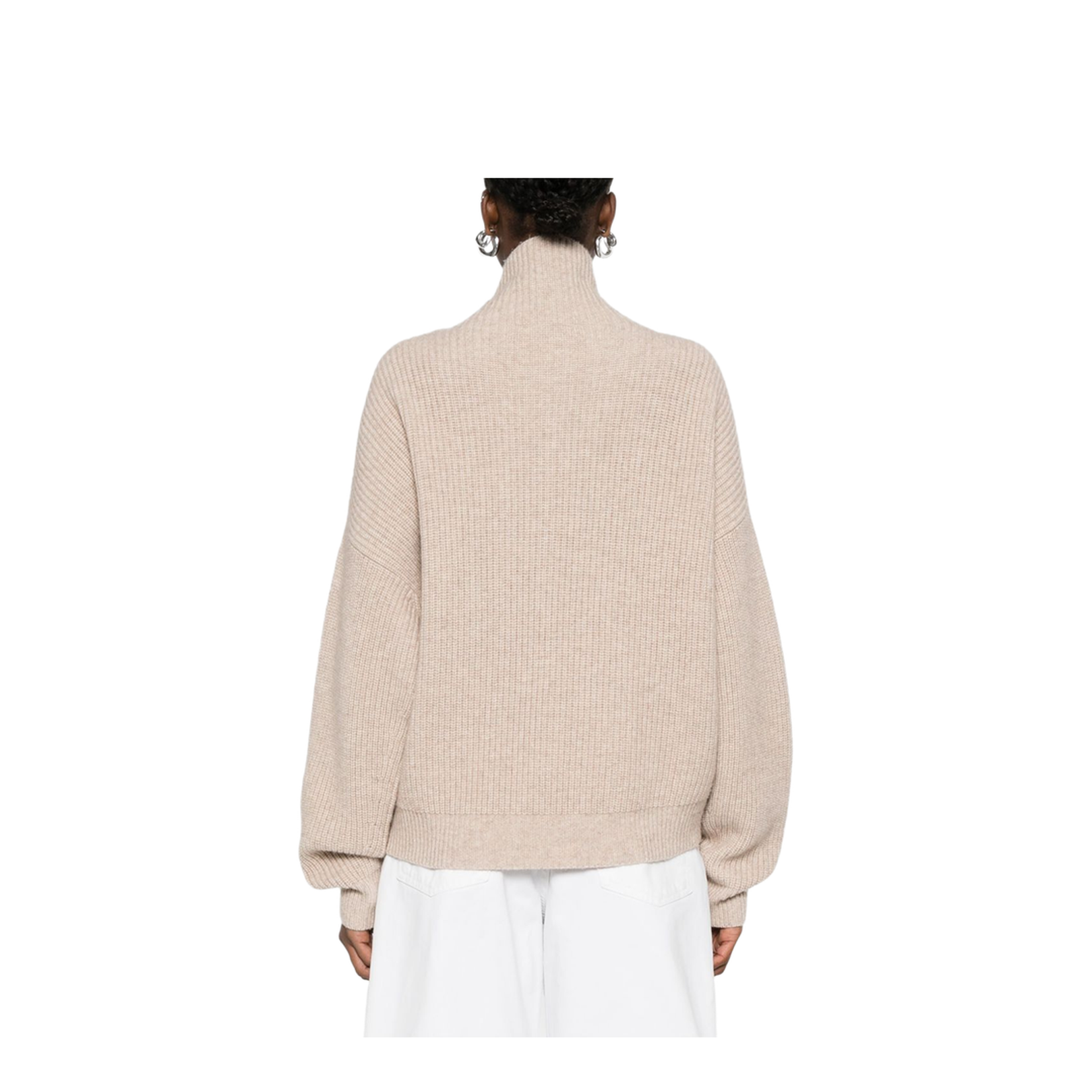 Ecru Drop Shoulder Roll Neck Long Sleeves Ribbed Cuffs and Hem