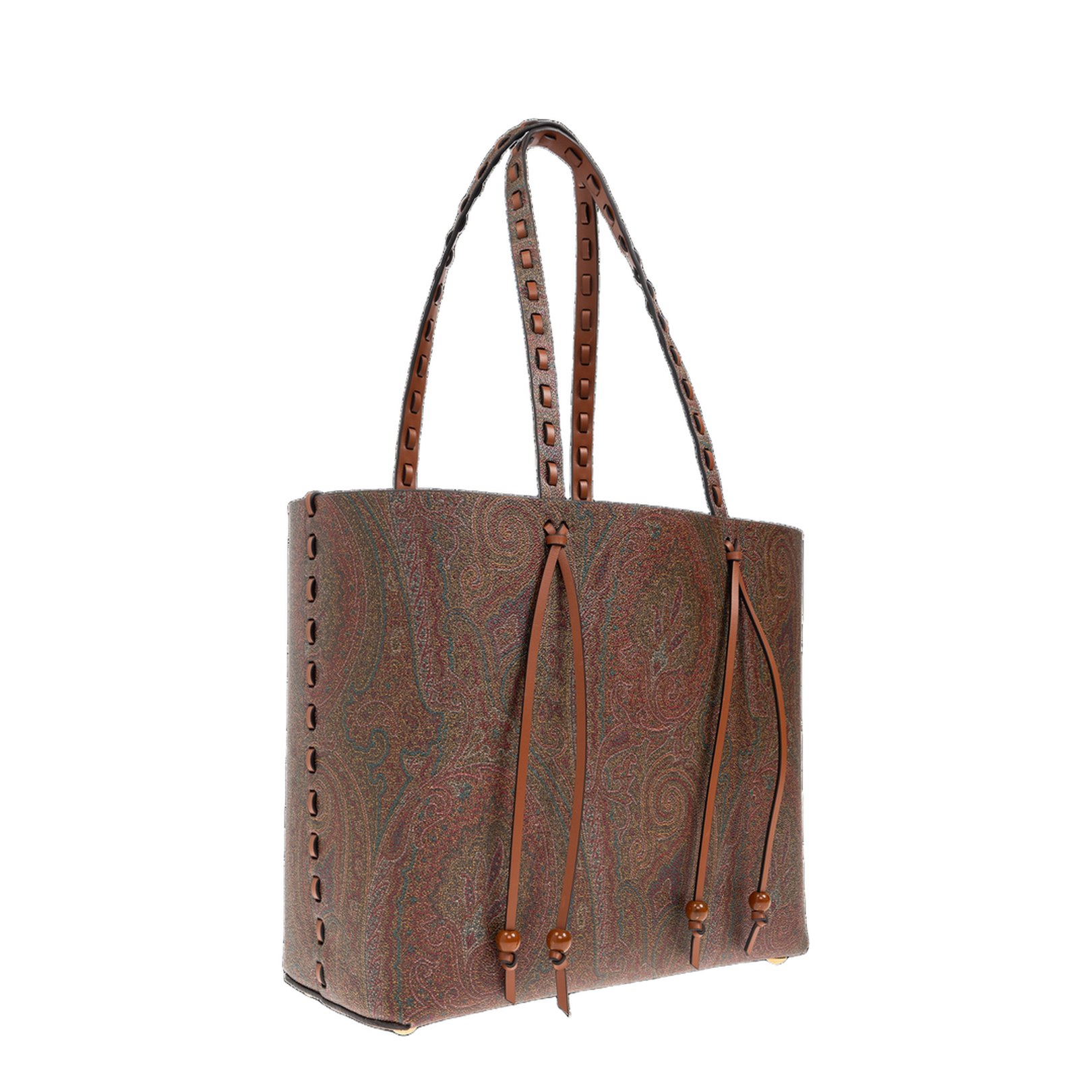 Brown Calf Leather Paisley-Print Shopping Bag