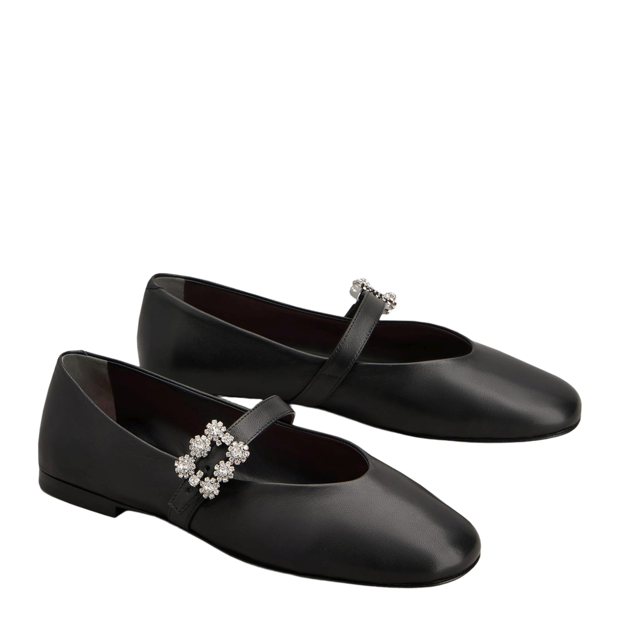 Black Leather Efflorescence Ballet Flats with a Strap