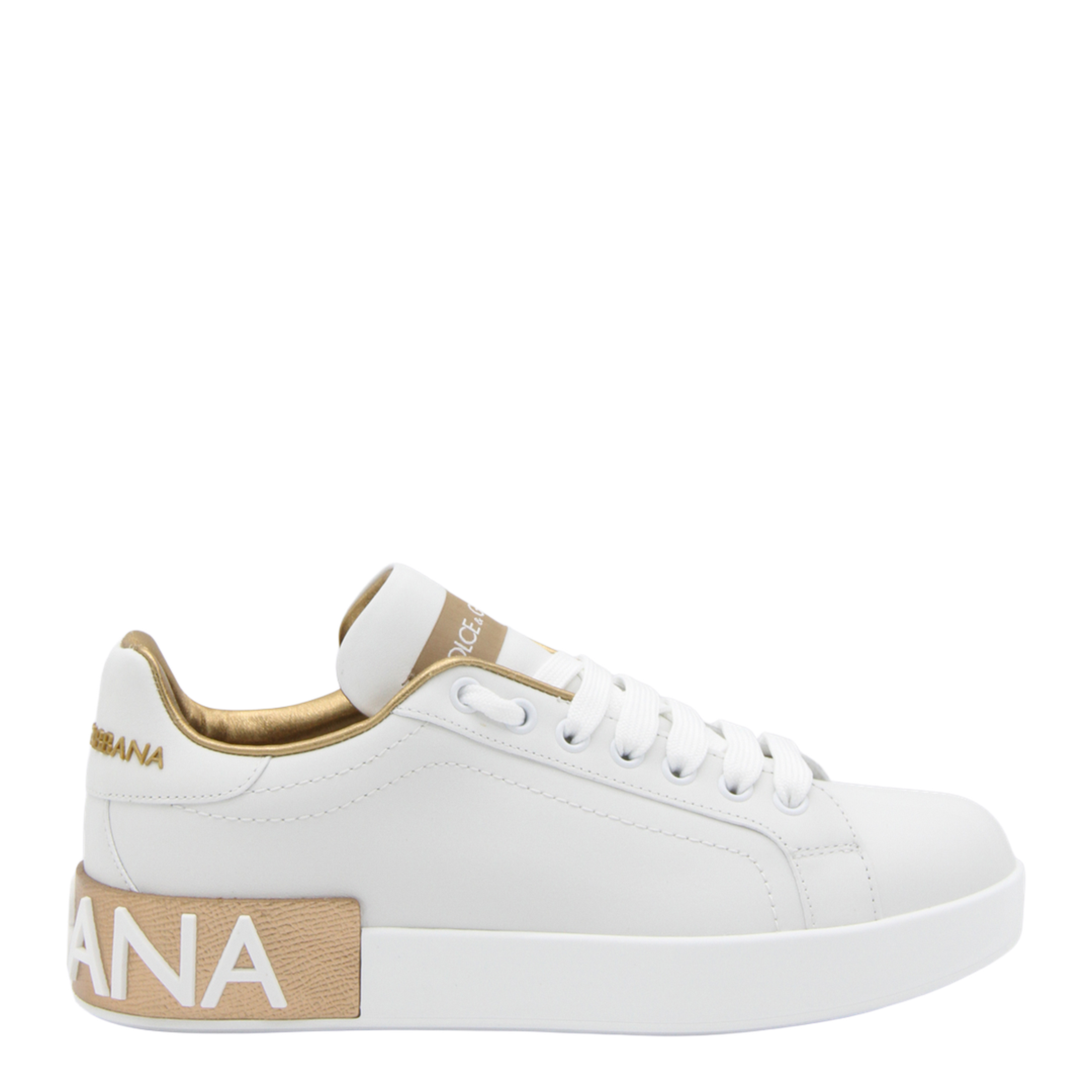 White Calfskin Low-Top Sneakers with Gold Details