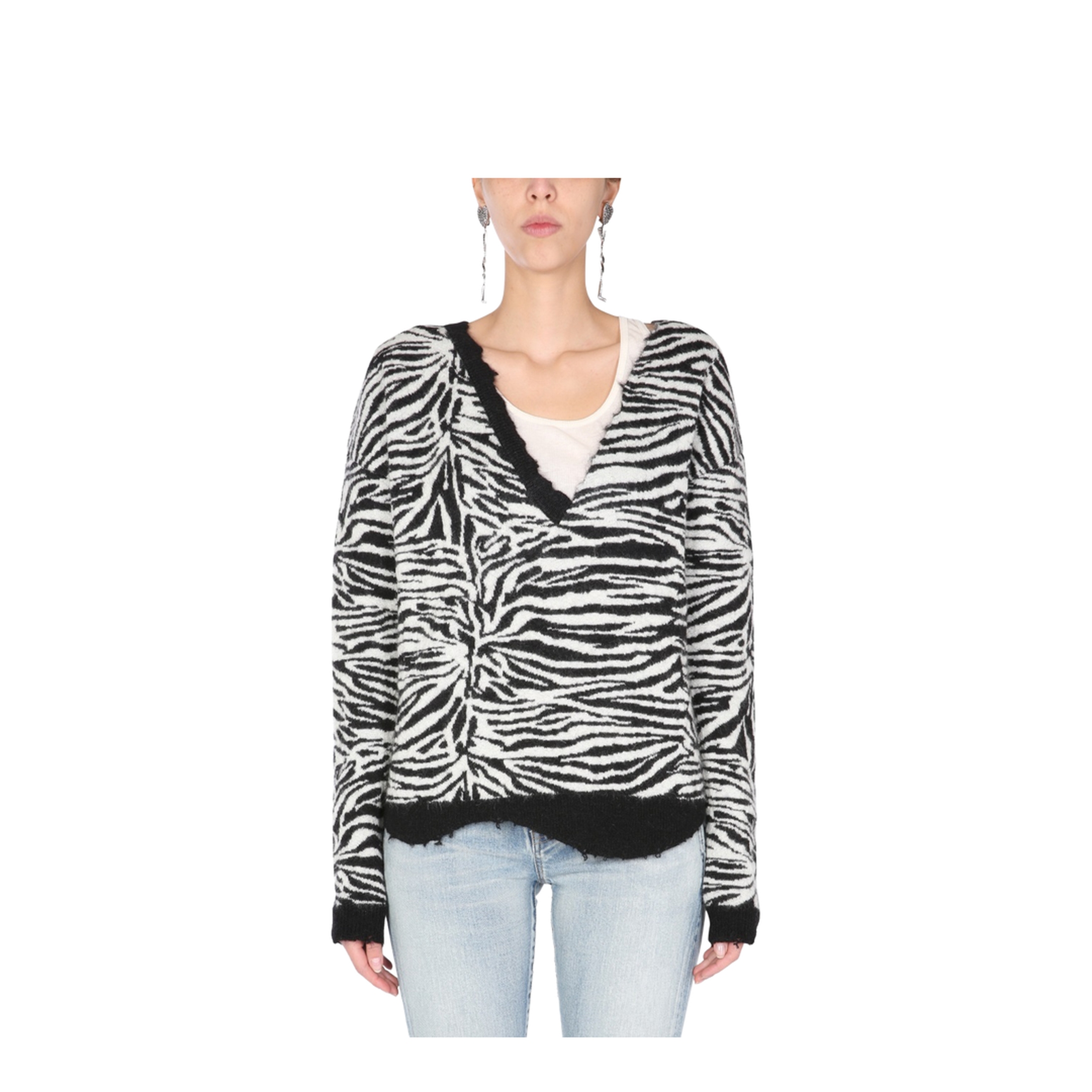 Black White Wool Mohair Blend Zebra-Pattern Ripped Jumper