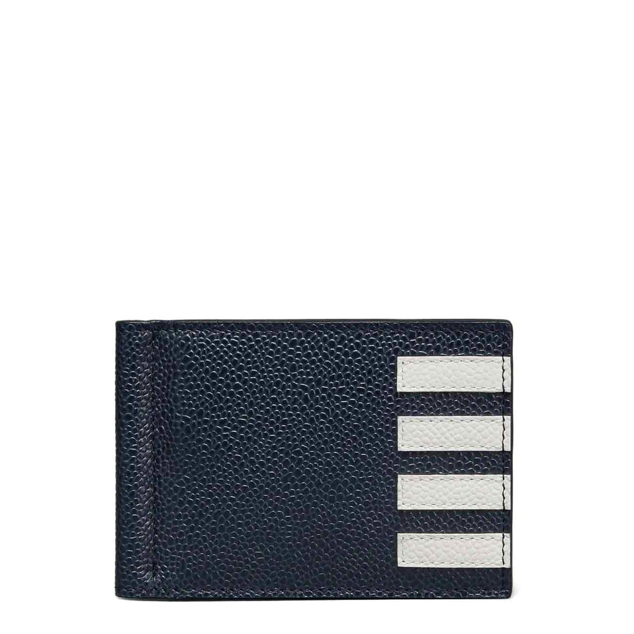 Money Clip Wallet with Side 4 Bar Stripes in Pebble Grain Leather