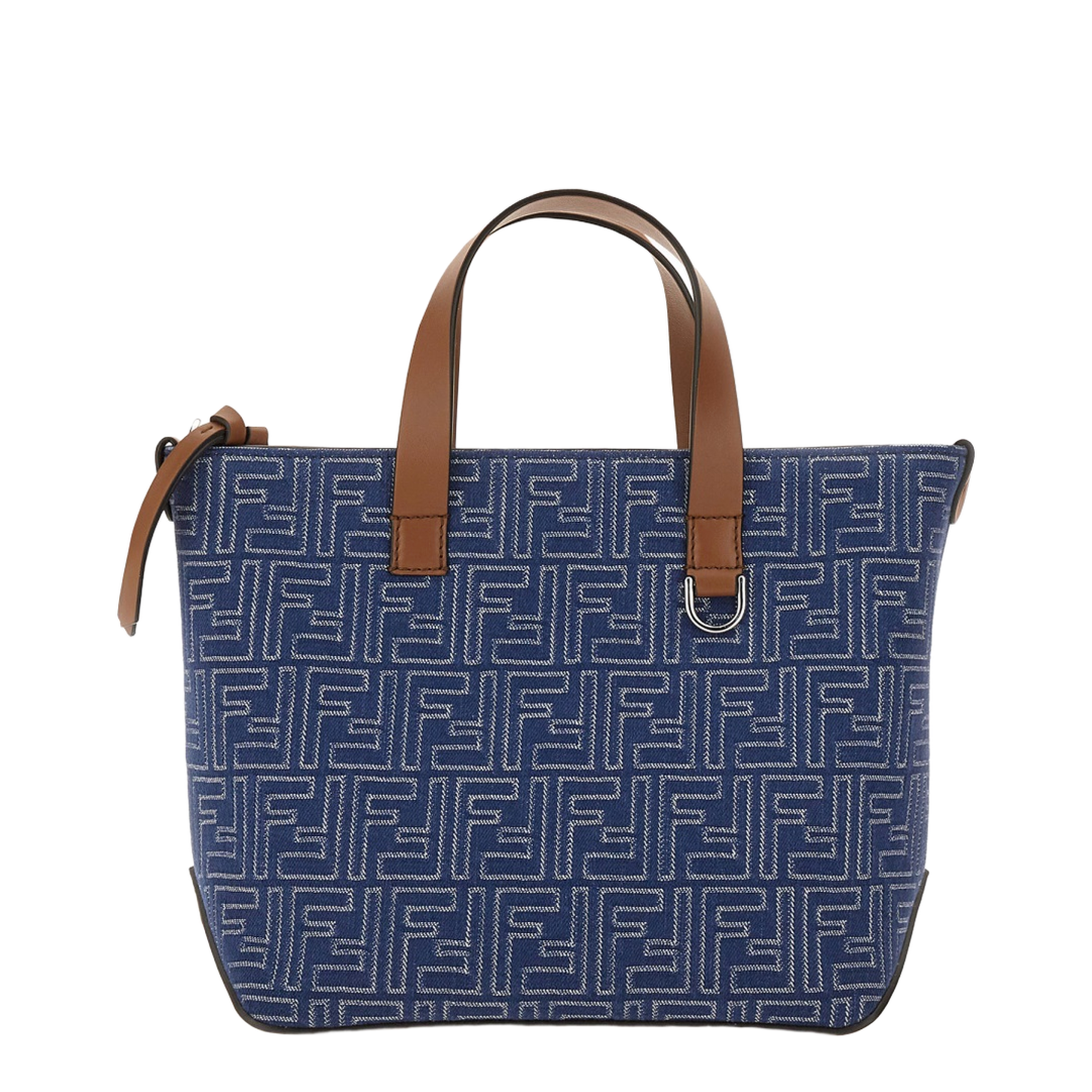 FF Leather Denim Effect FF Jacquard Blue And Brown Small Shopping Bag