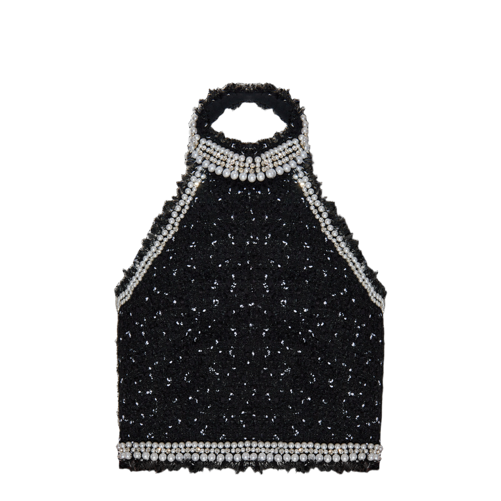 Embroidered Polka-Dot Tweed Halterneck Top