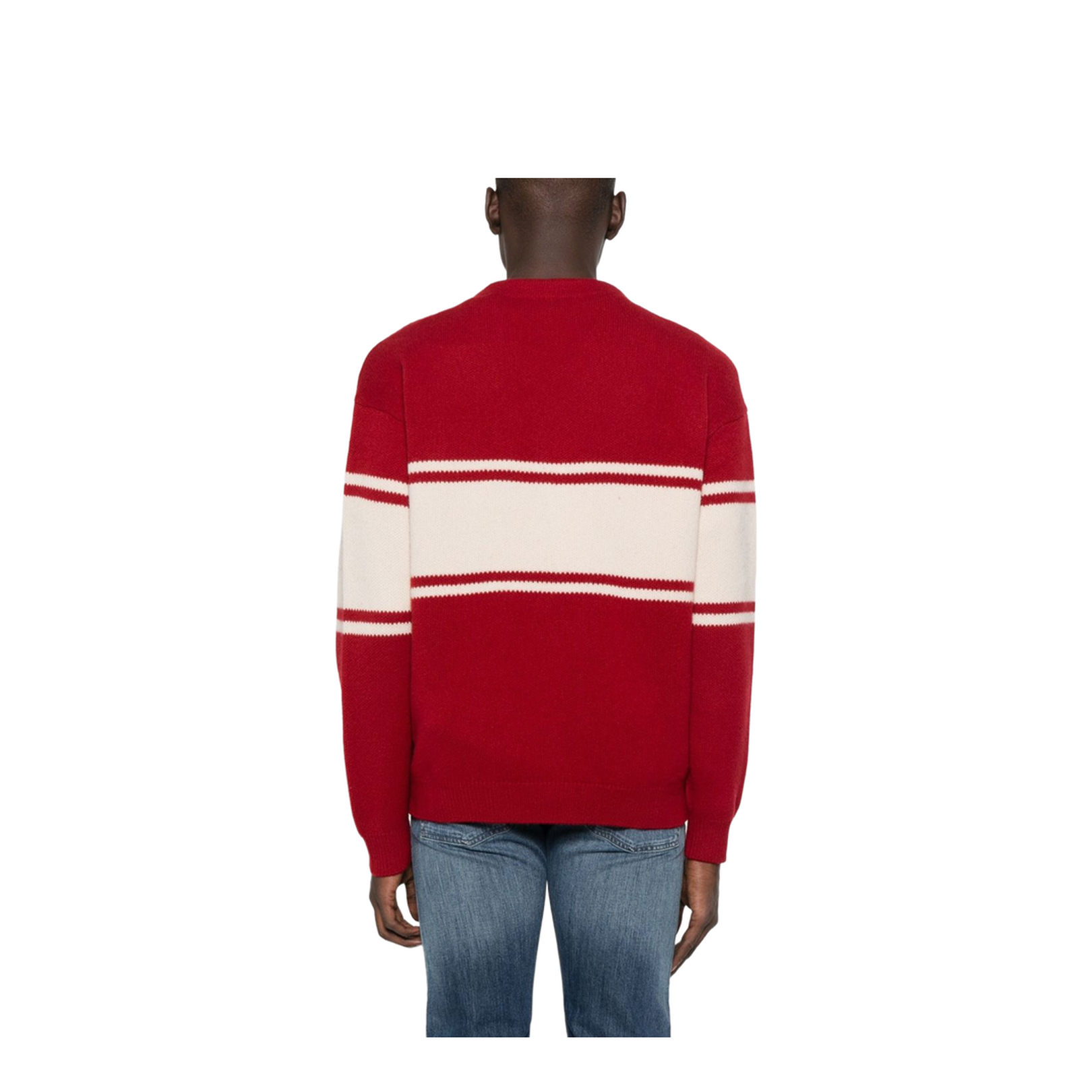 Red Horizontal Stripes Button Fastening V-Neck Patch Pocket Embroidered Logo