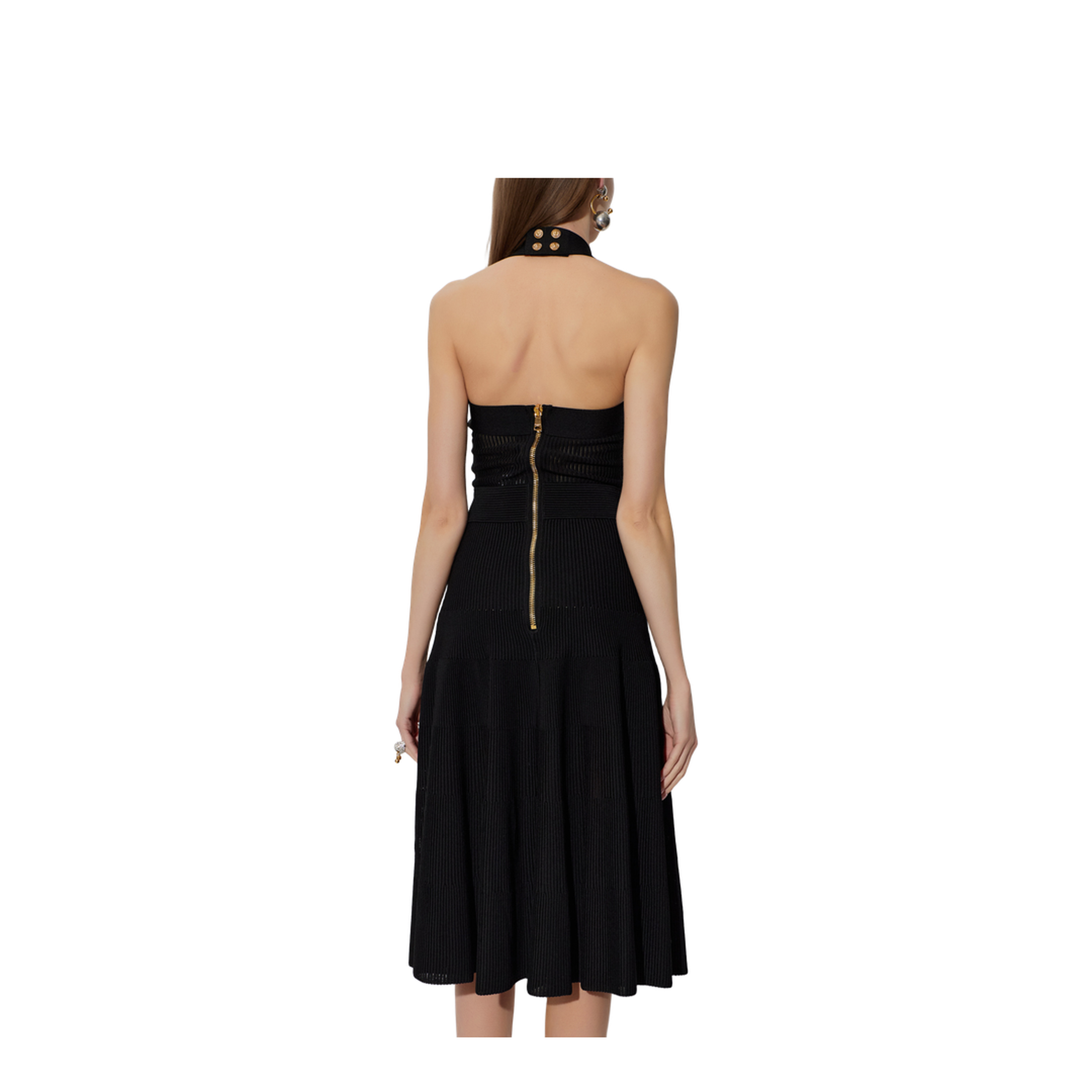 Halterneck Pleated Knit Midi Dress Black