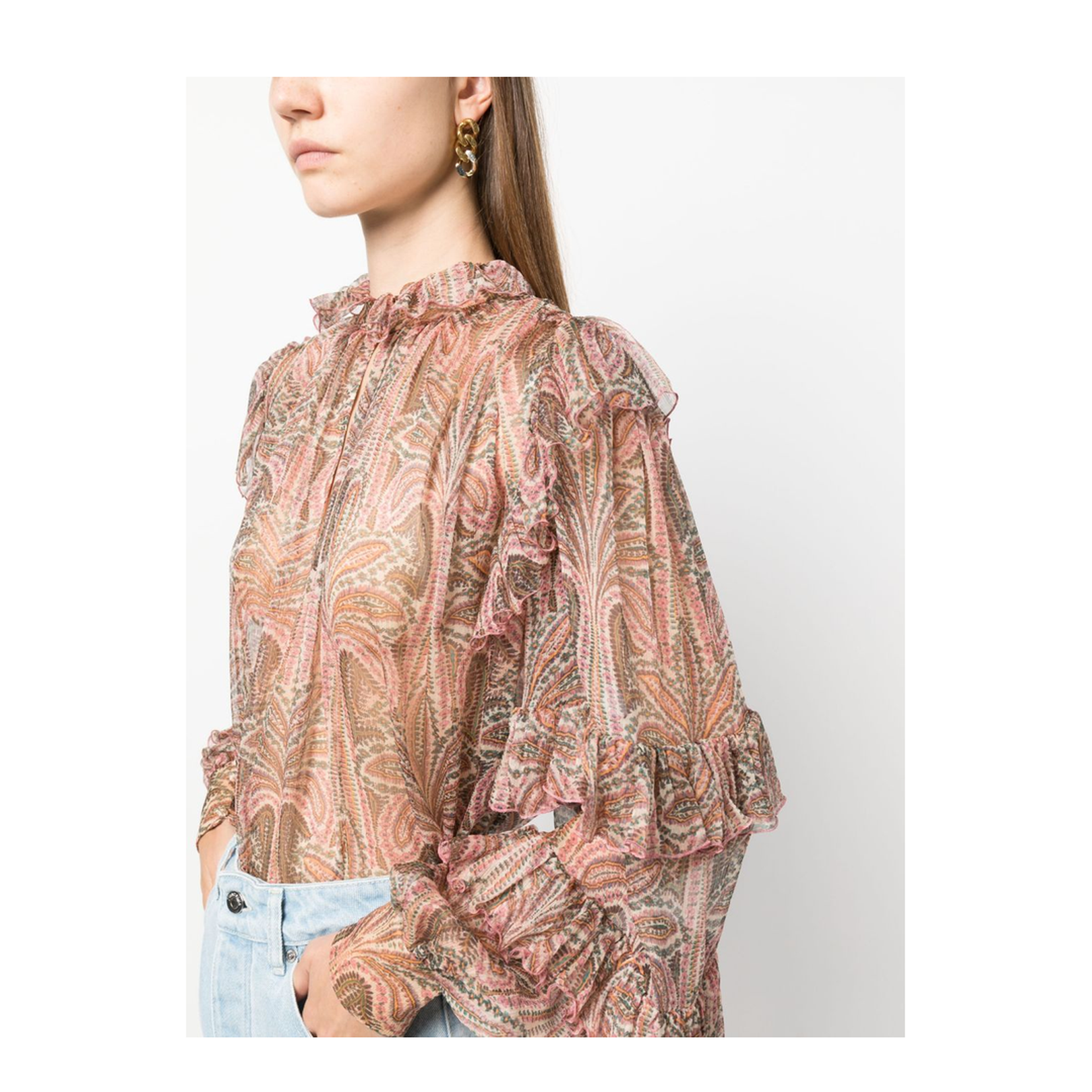 Silk Paisley Print Blouse With Ruffles In Pink