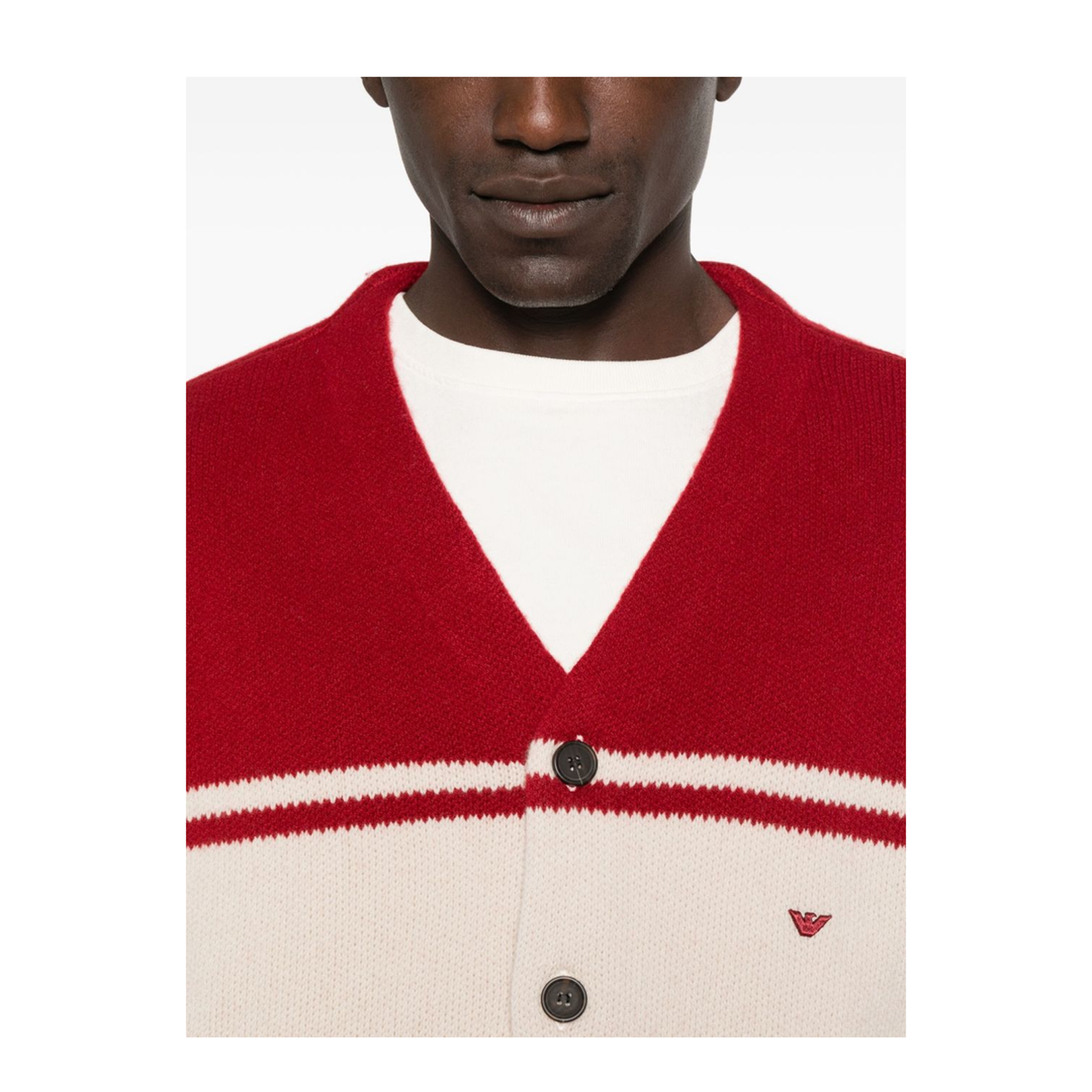 Red Horizontal Stripes Button Fastening V-Neck Patch Pocket Embroidered Logo