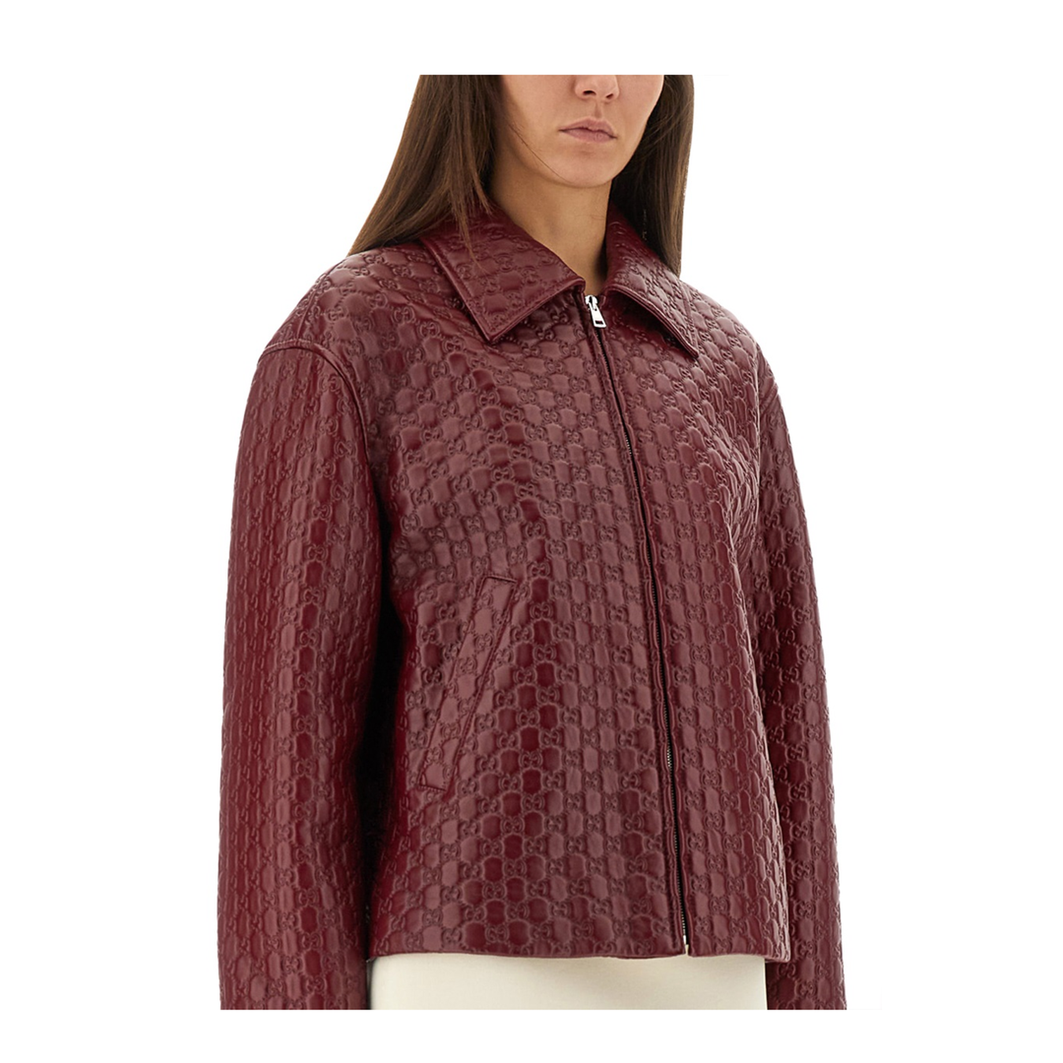 Oversized Leather Jacket with Embossed GG